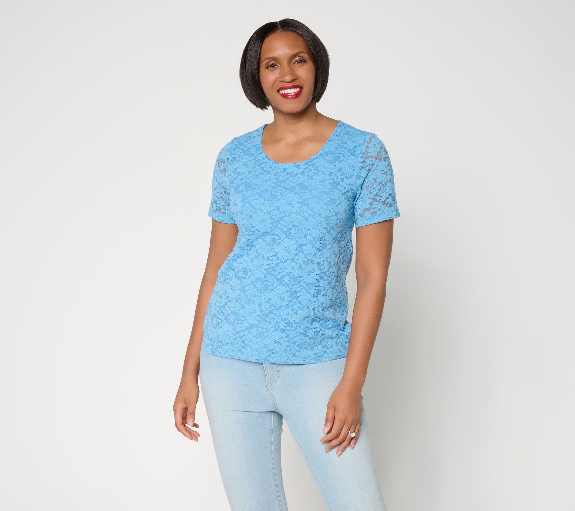 "As Is" Susan Graver Stretch Knit Lace Short Sleeve Top