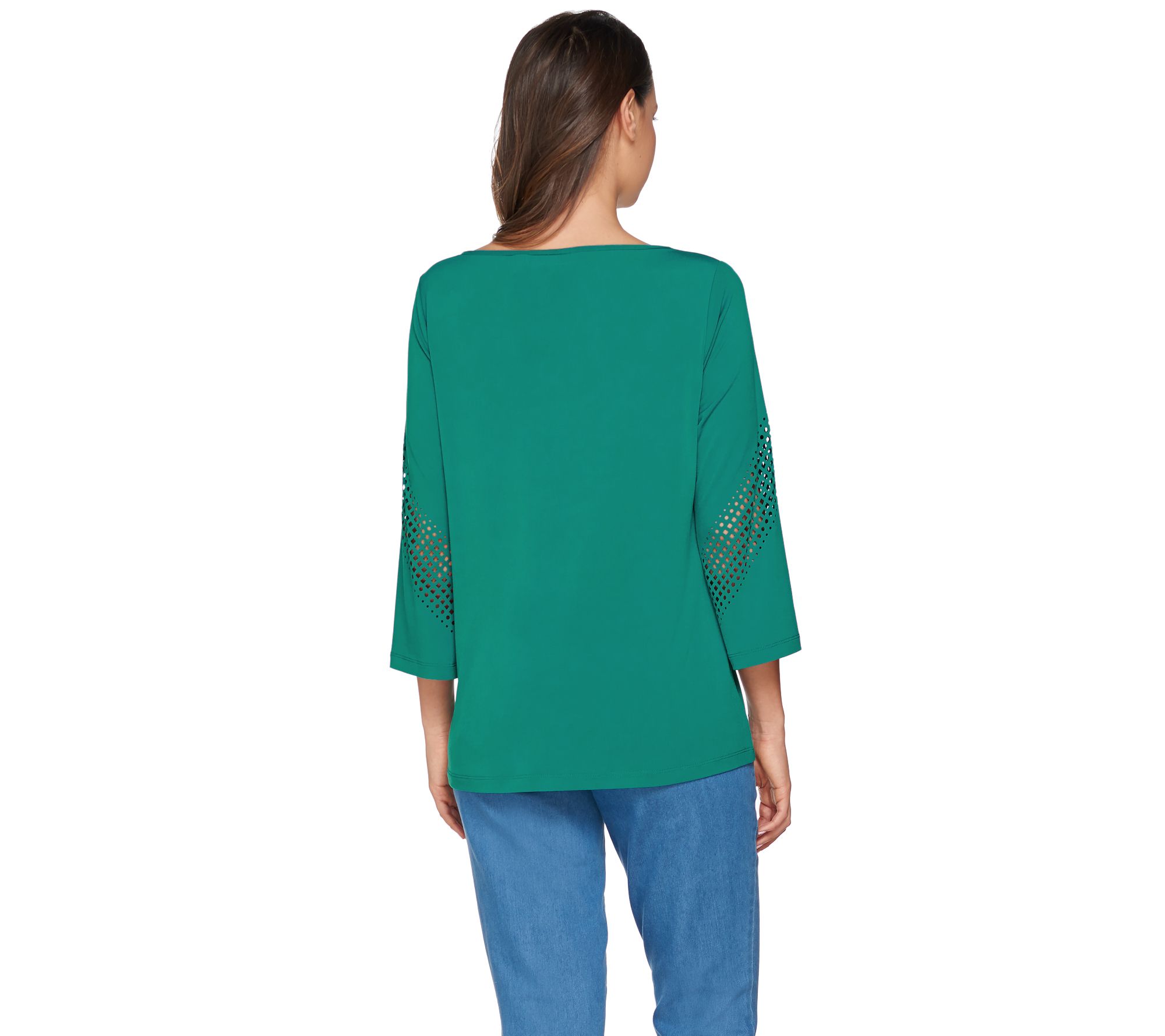 As Is Susan Graver Liquid Knit 3 4 Sleeve Top With Laser Cut Detail