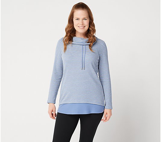 Denim & Co. Active Heather Grey Striped Waffle Knit Pullover