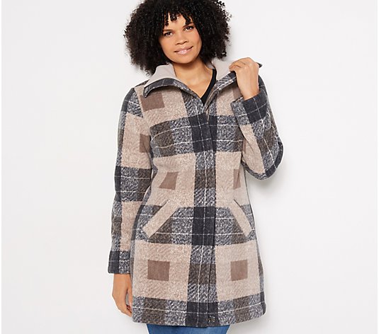 Denim & Co. Plaid Print Sherpa Lined Fleece Zip & Snap Front Coat