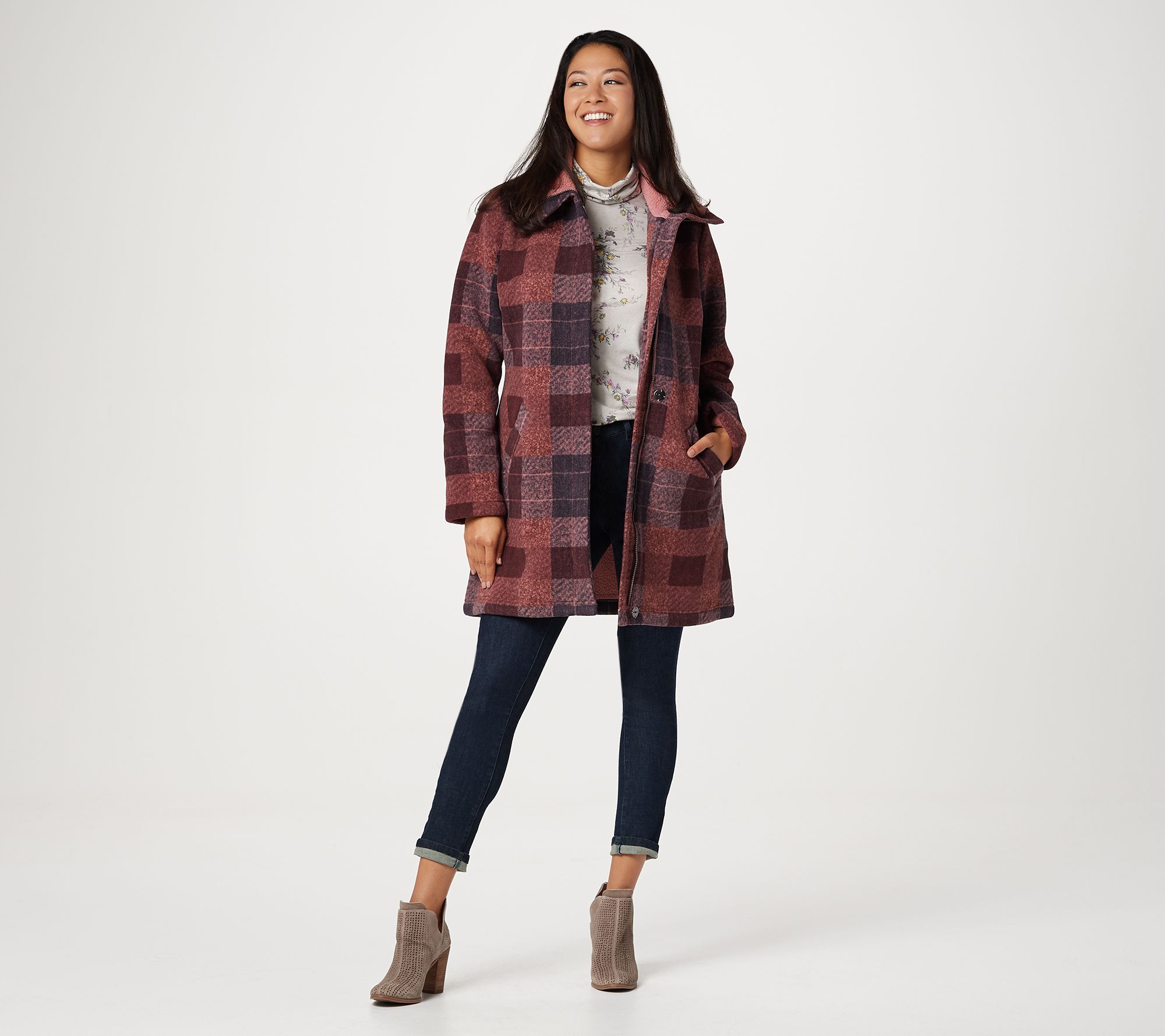 Denim & Co. Plaid Print Sherpa Lined Fleece Zip & Snap Front Coat 