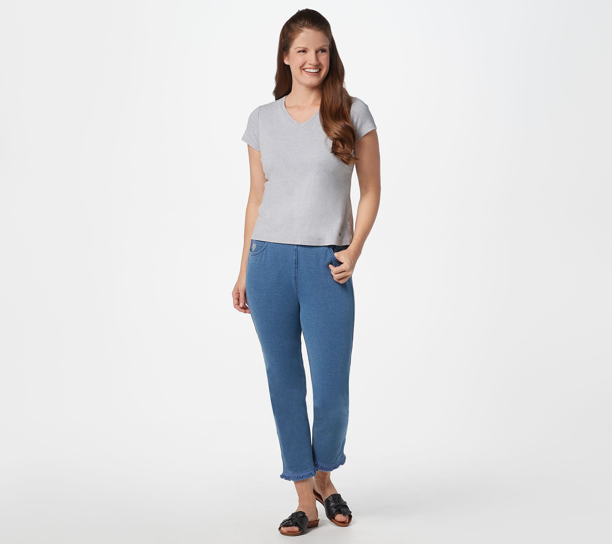 Quacker Factory Short DreamJeannes PullOn Crop Pant w/ Fringe