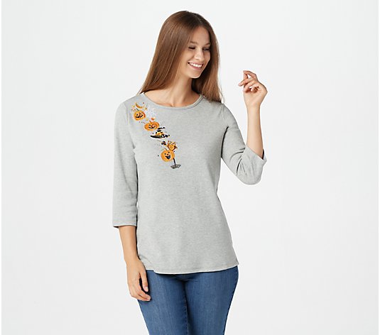 Quacker Factory Embroidered 3/4-Sleeve Top with Charm