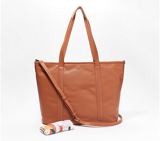 Real Simple Pebble Leather Large Zip Top Tote with Crossbody Strap