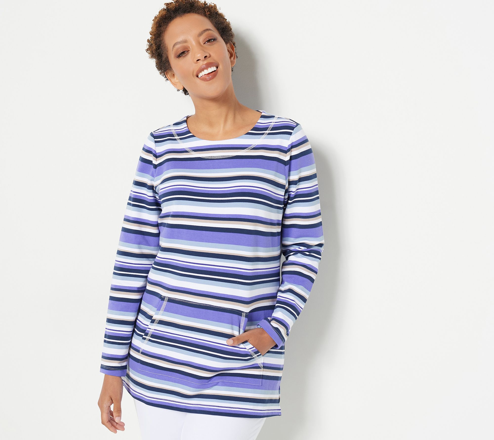 Sport Savvy French Terry Striped Top With Front Pocket - QVC.com
