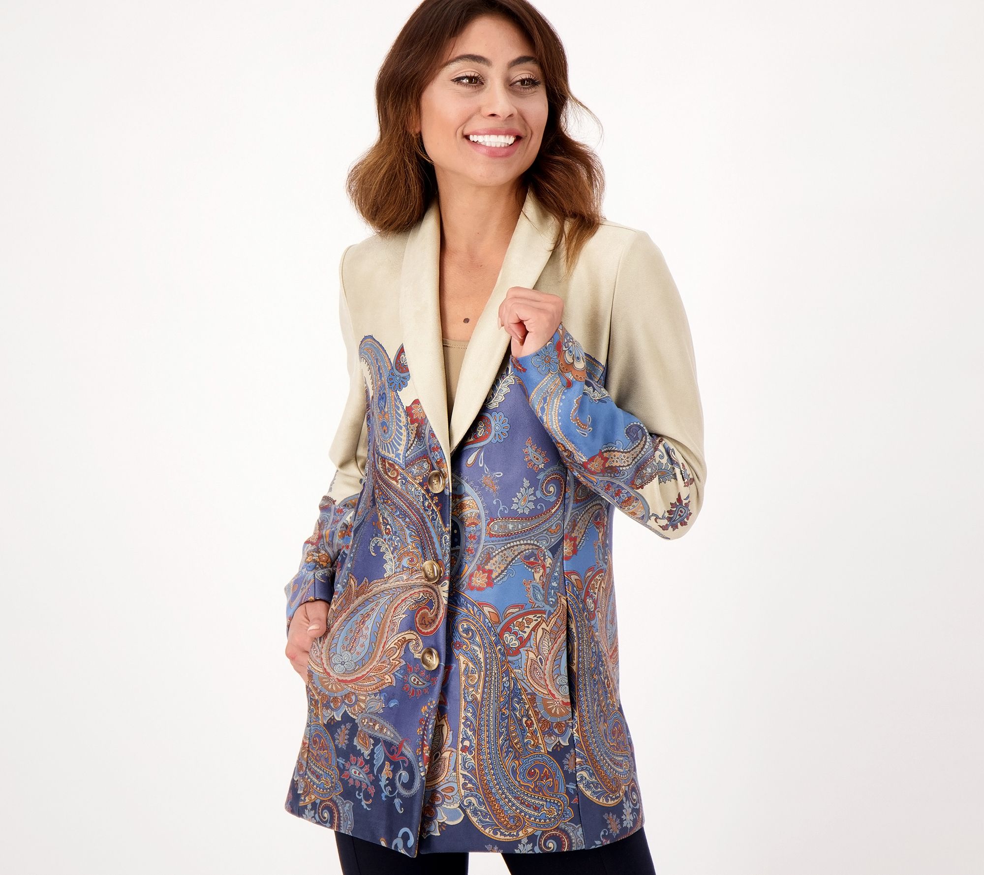 GRAVER Susan Graver Regular Printed Suede Shawl Collar Jacket