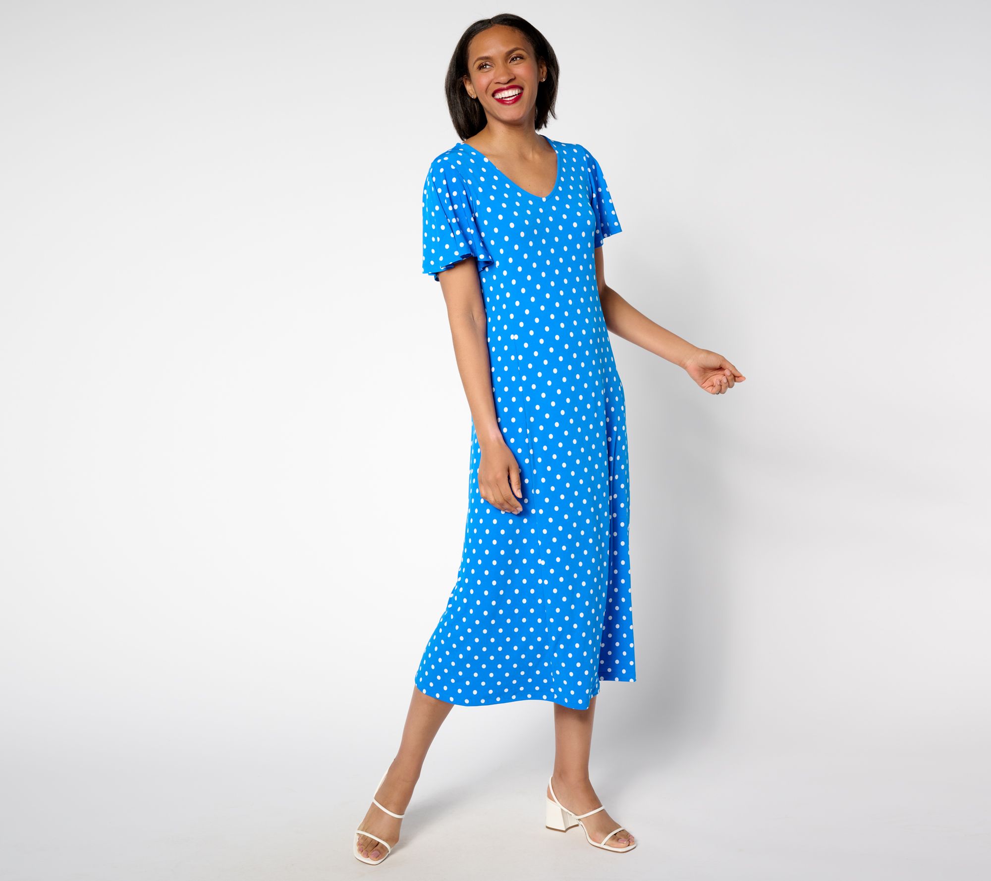 Susan Graver Printed Regular Liquid Knit Flutter Sleeve Midi Dress QVC