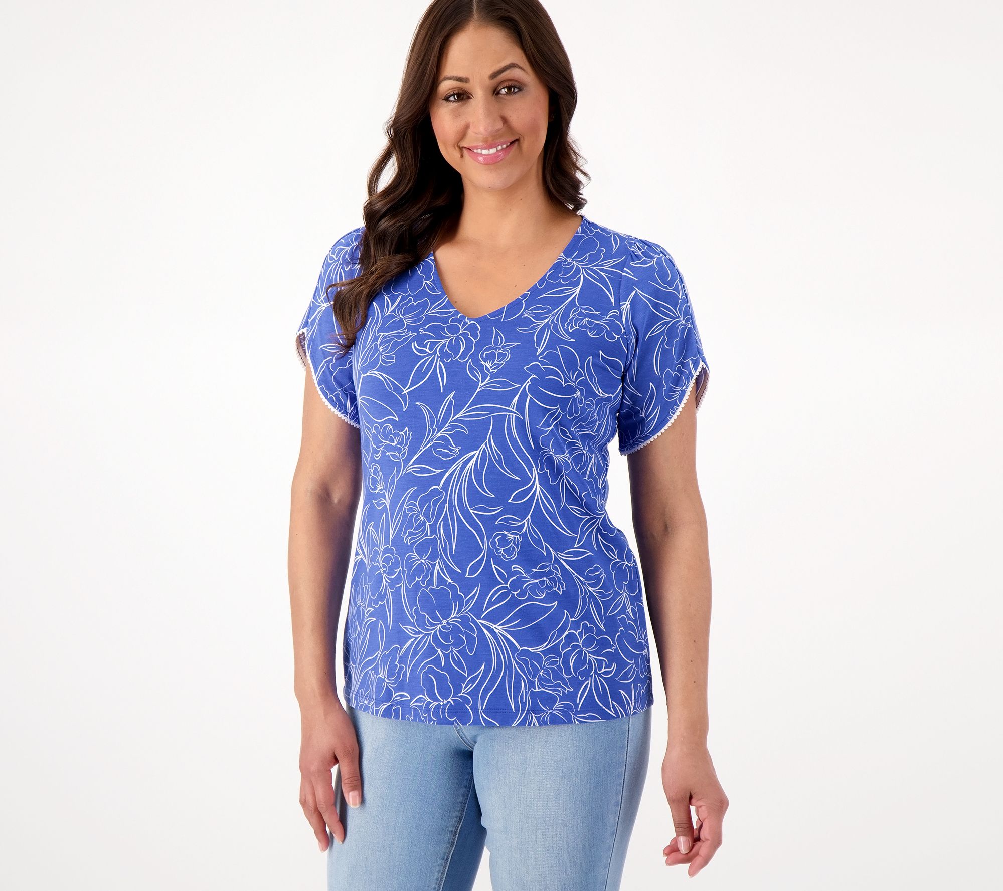 Susan Graver Weekend Textured Cotton Tulip-Sleeve Top with Trim