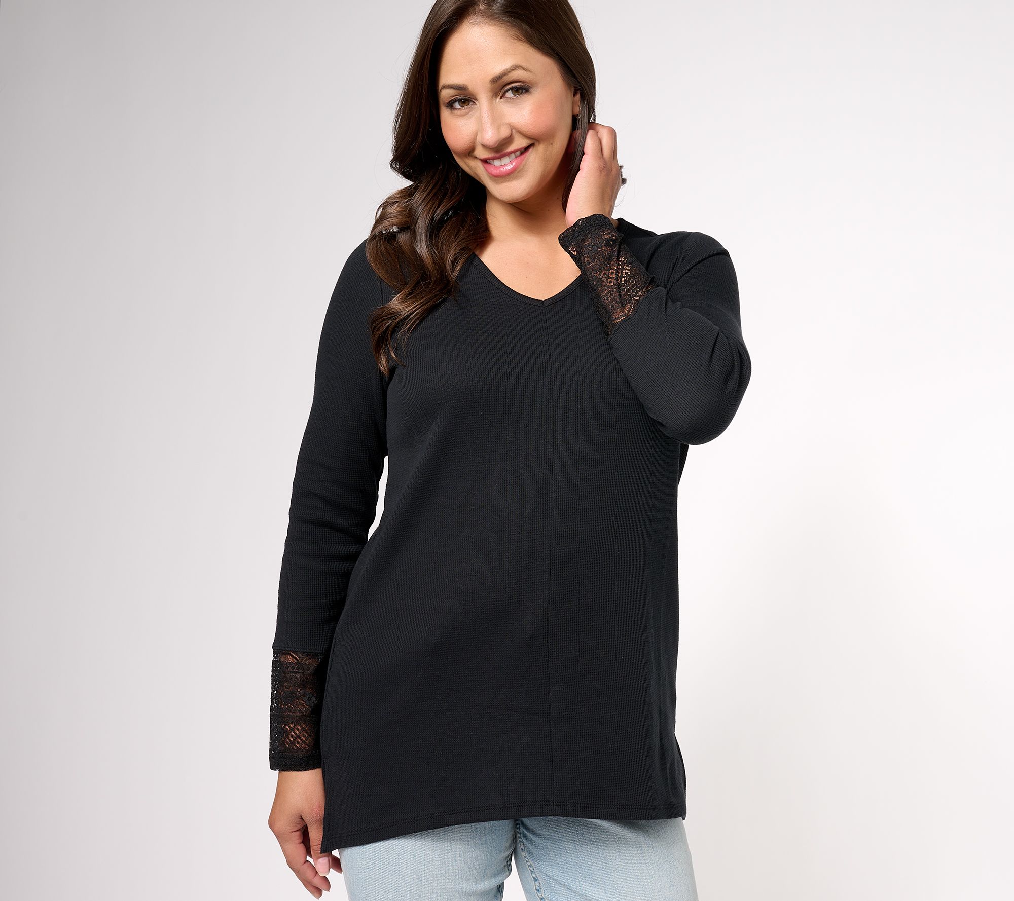 Denim & Co. Waffle Knit Petite V-Neck Long Sleeve Tunic with Lace