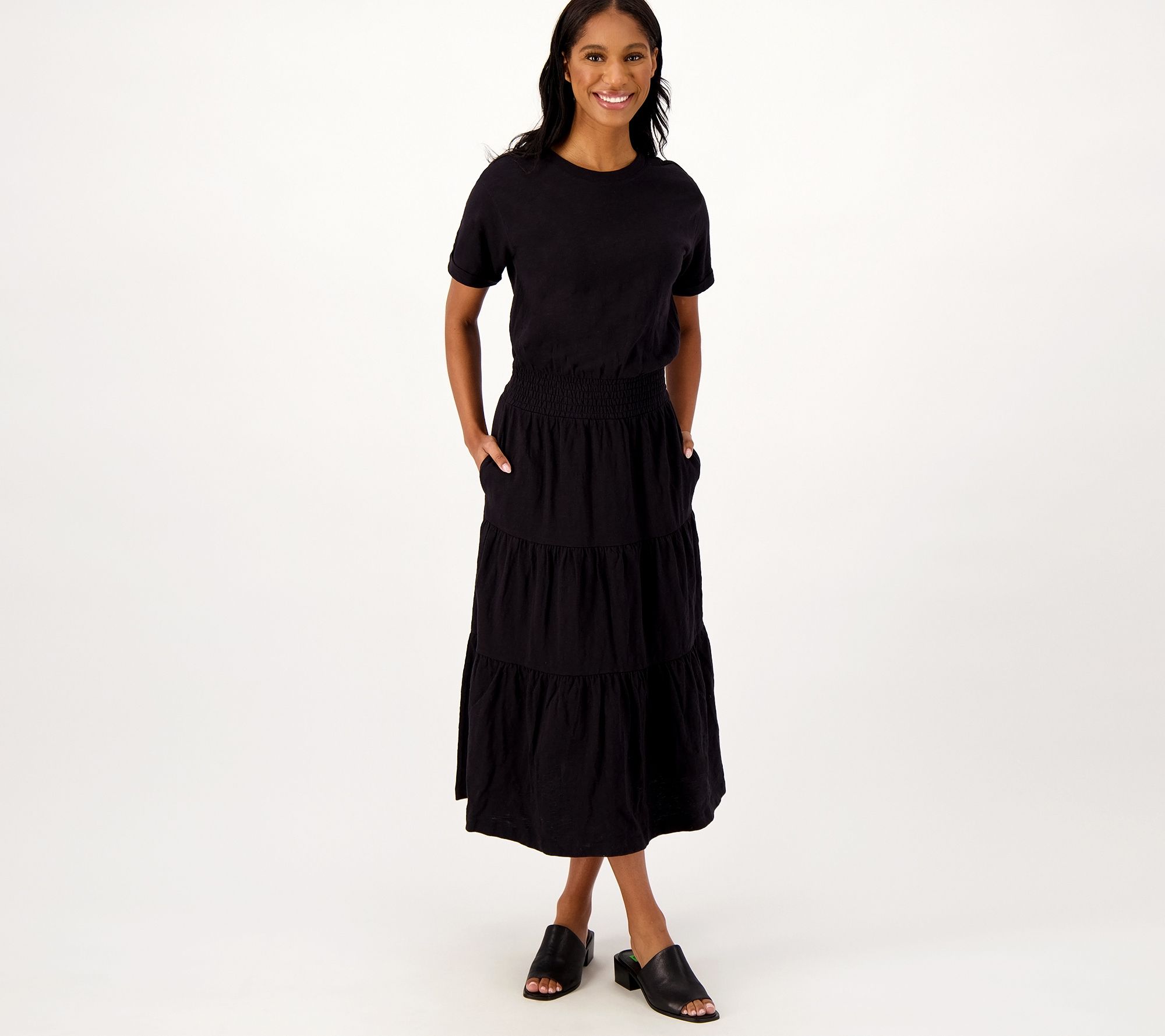 Black Tiered Midi Length Shirt Dress