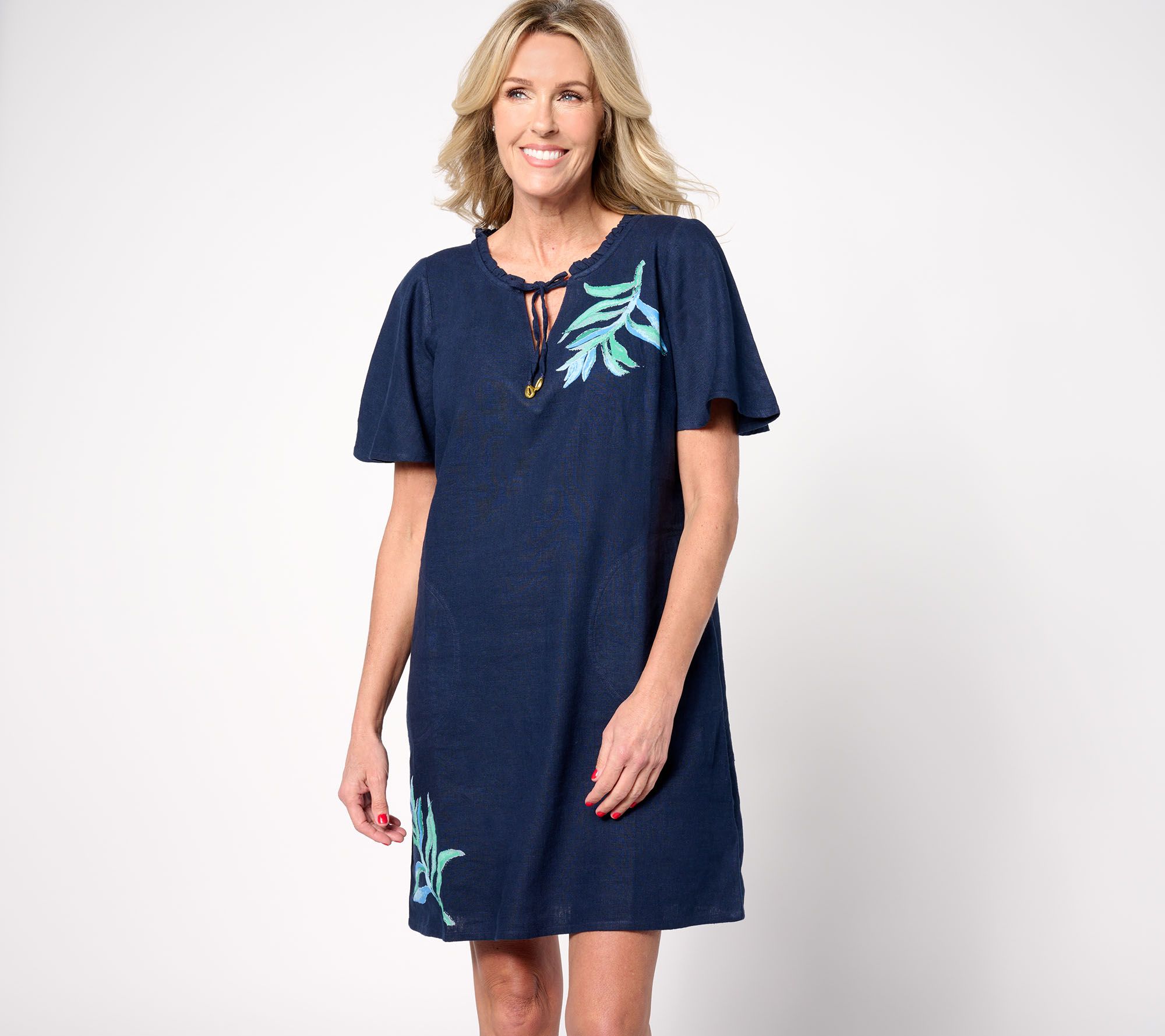 Susan Graver Soleil Linen Viscose Printed Cover-Up with Ties