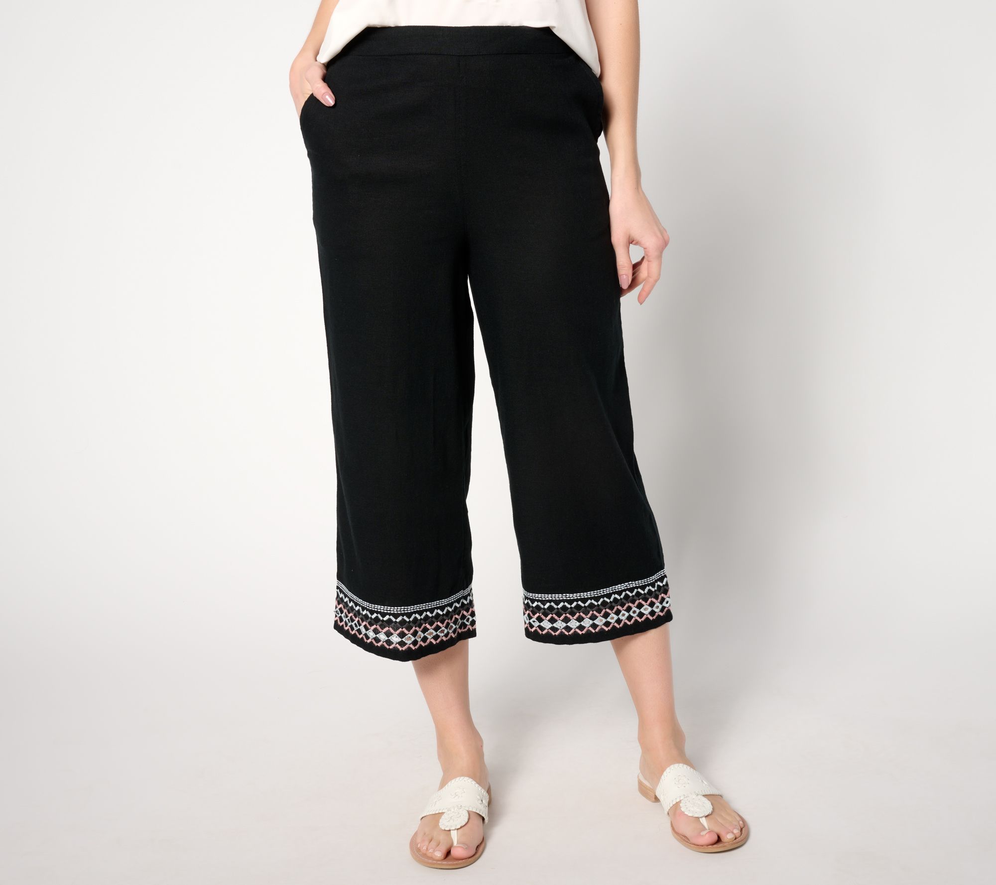 Denim & Co. Naturals Petite Linen Blend Embroidered Capri Pant