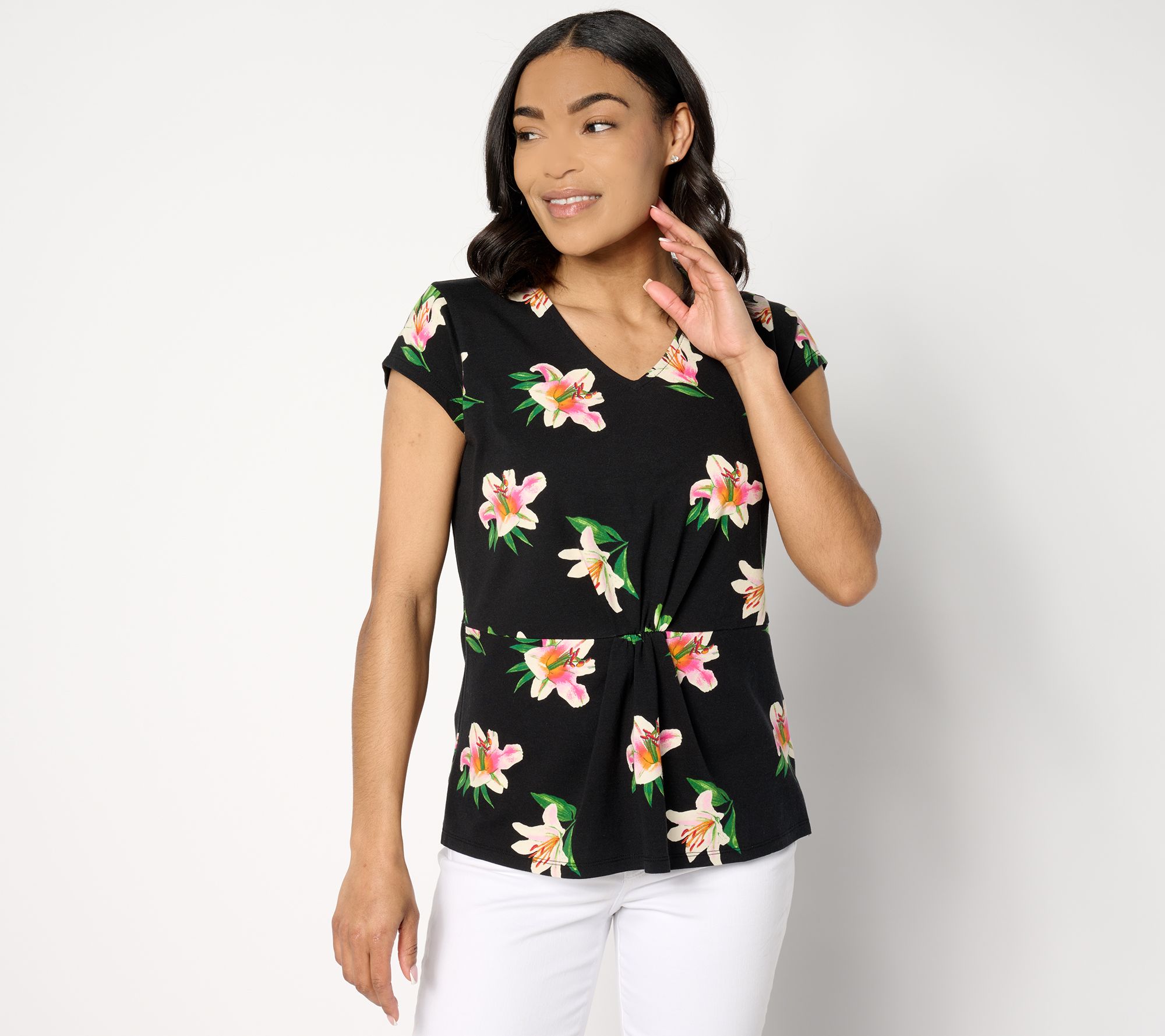 Denim & Co. Favorite Jersey Printed Floral V-Neck Cap Sleeve Top