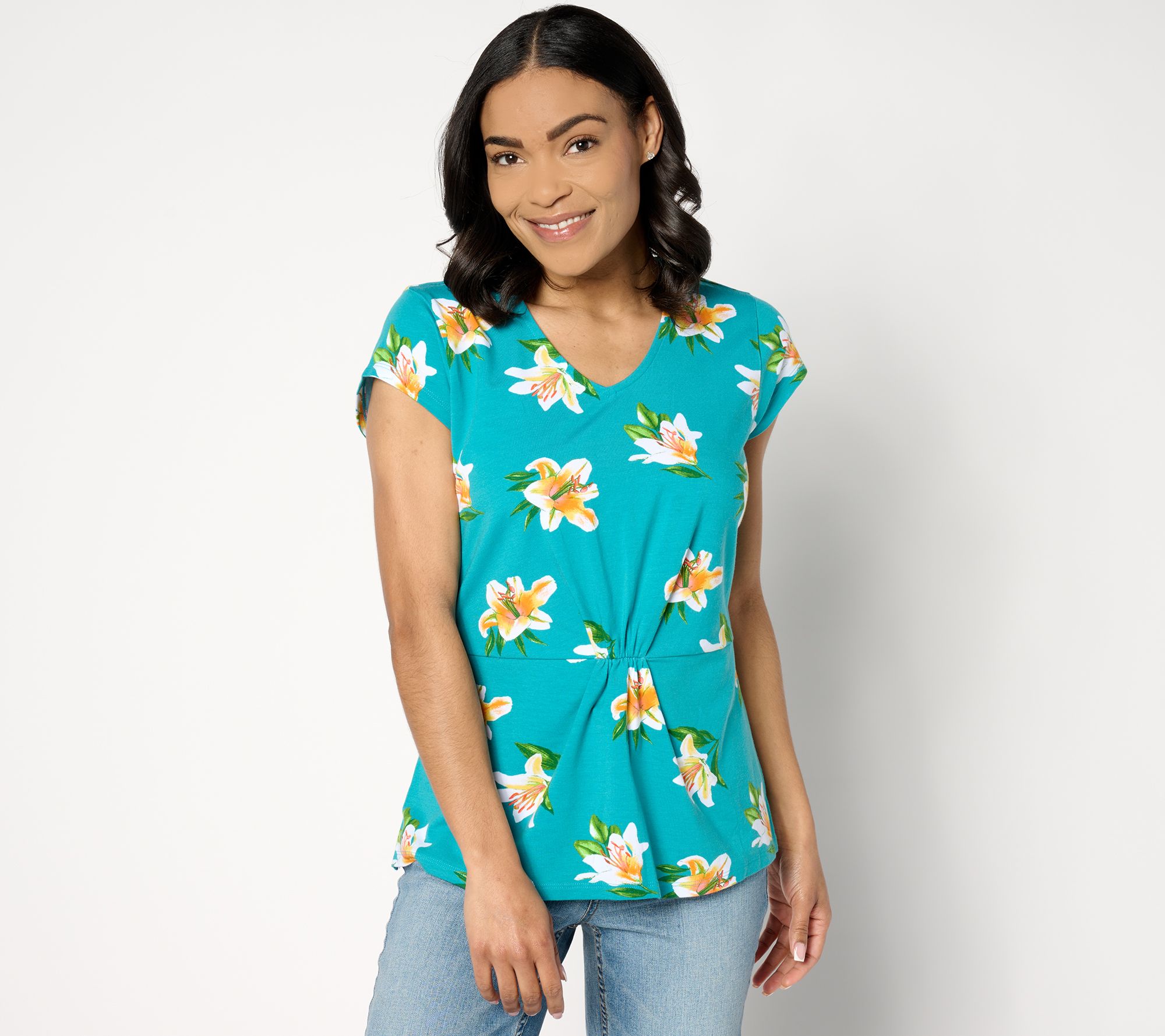 Denim & Co. Favorite Jersey Printed Floral V-Neck Cap Sleeve Top