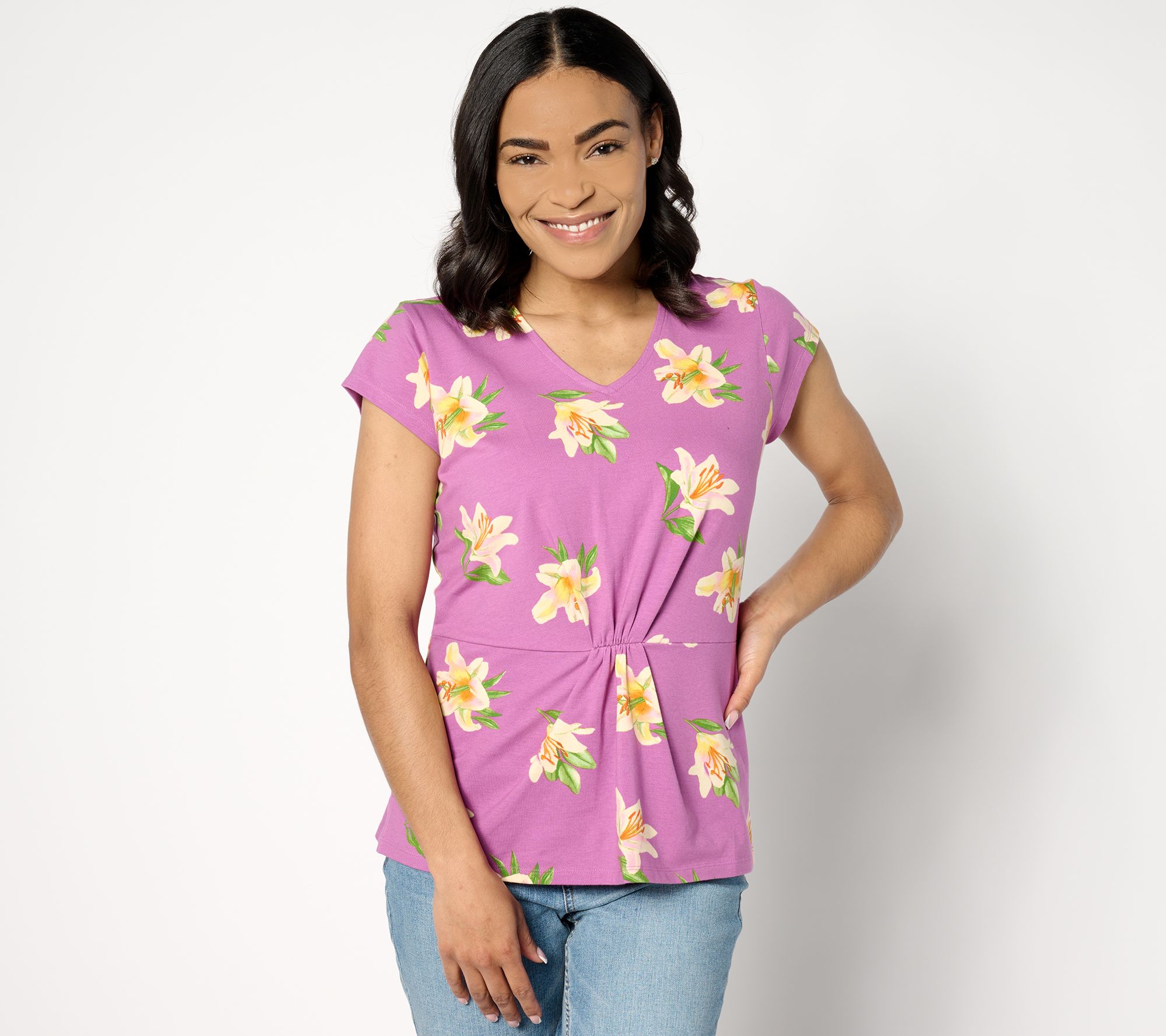 Denim & Co. Favorite Jersey Printed Floral V-Neck Cap Sleeve Top