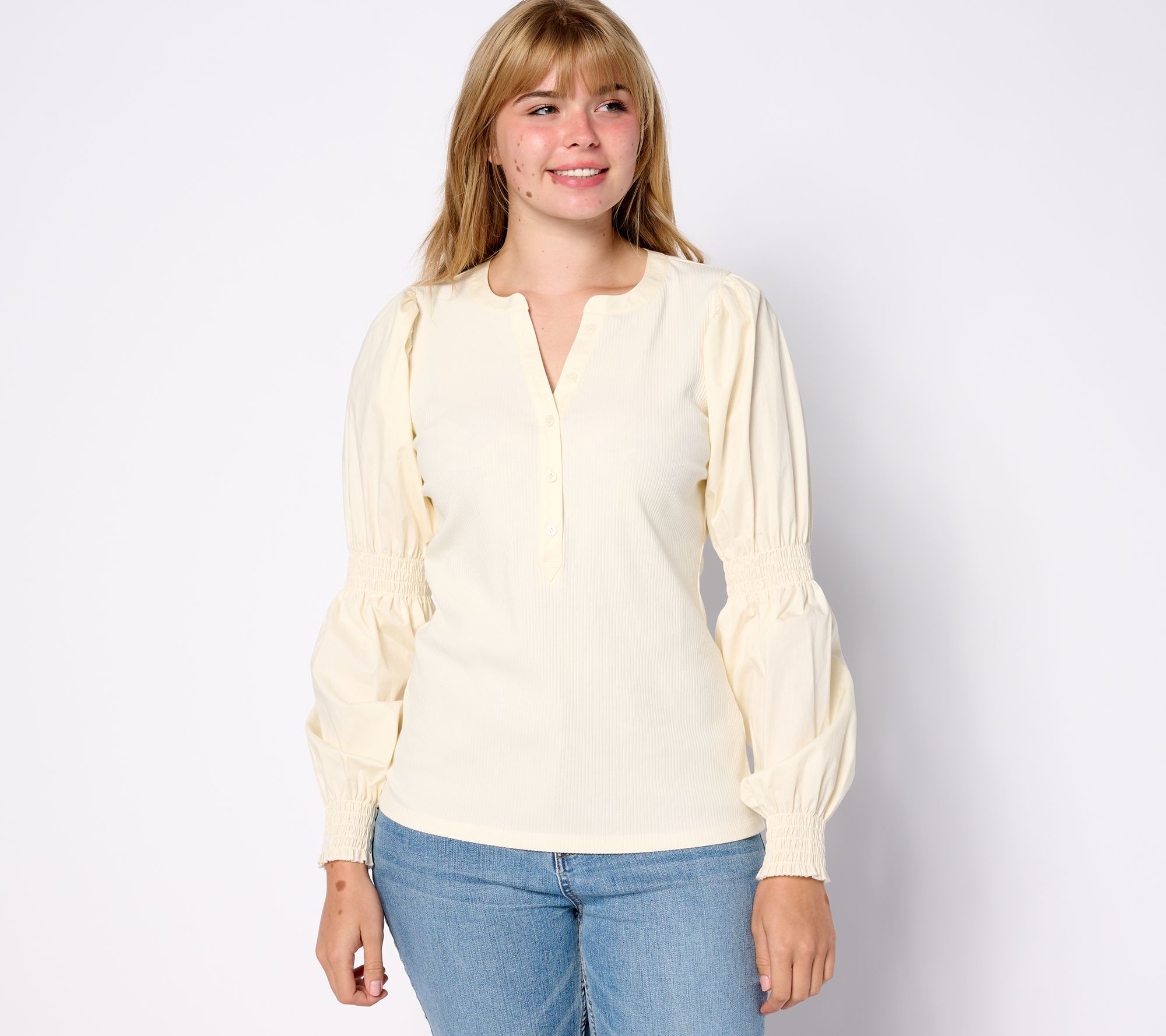 "As Is" Studio Park x Shawn Killinger Mixed Media Puff Slv Henley Top