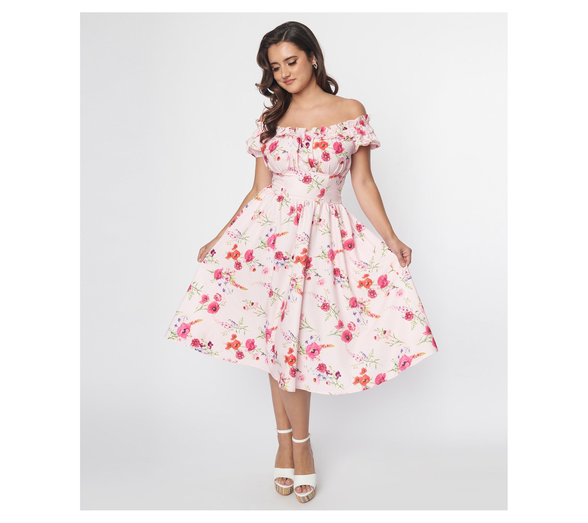 Unique Vintage Floral Off-the-Shoulder Ruffle Swing Dress
