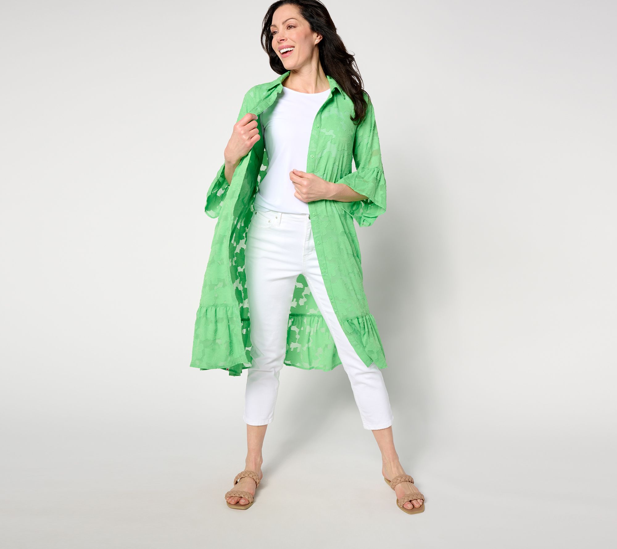 "As Is" Susan Graver Soleil Petite Burnout Floral Button Front Cover-Up