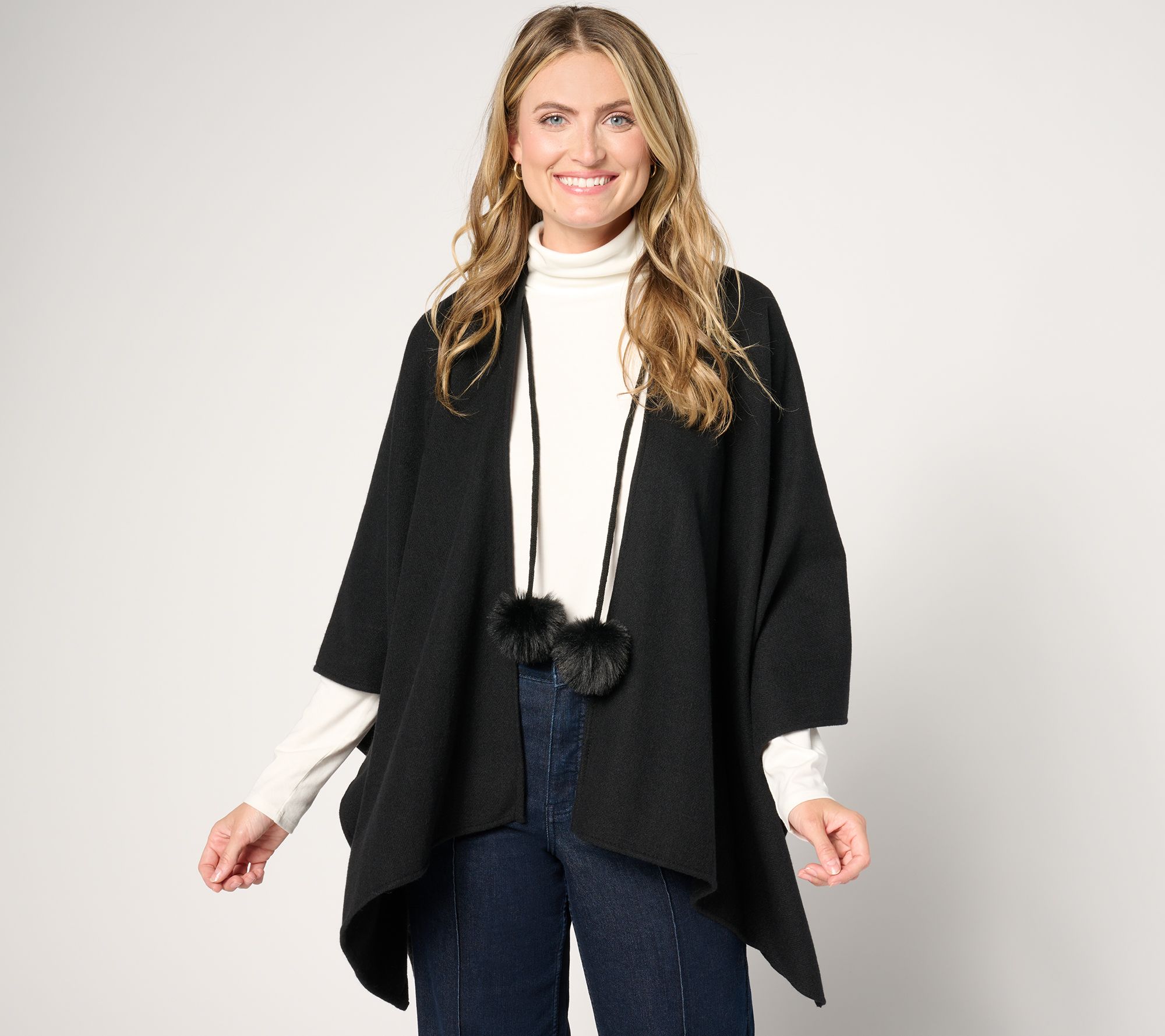 Jingle Belles by Kim Gravel Faux Fur Pom Pom Ruana