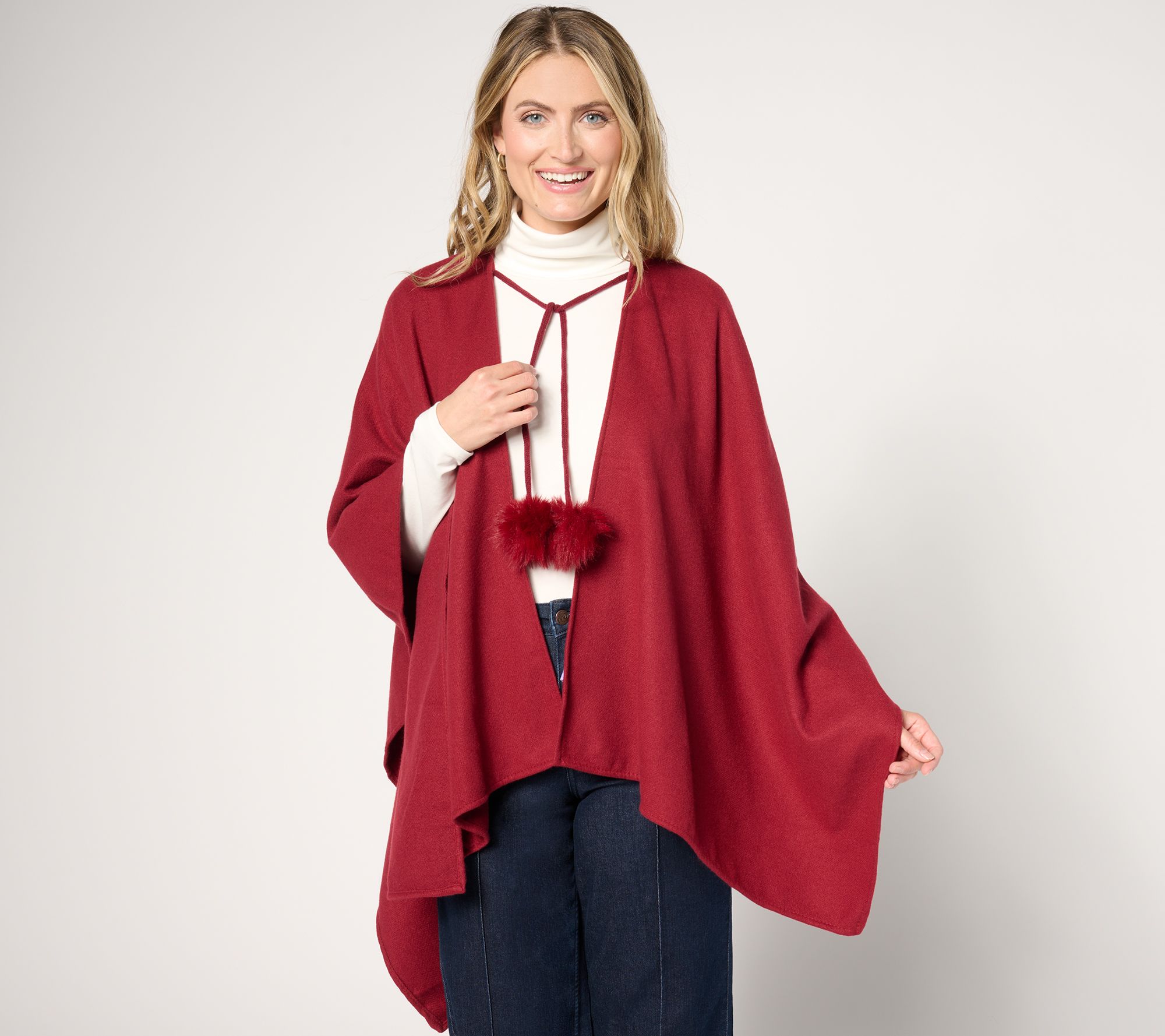 Jingle Belles by Kim Gravel Faux Fur Pom Pom Ruana