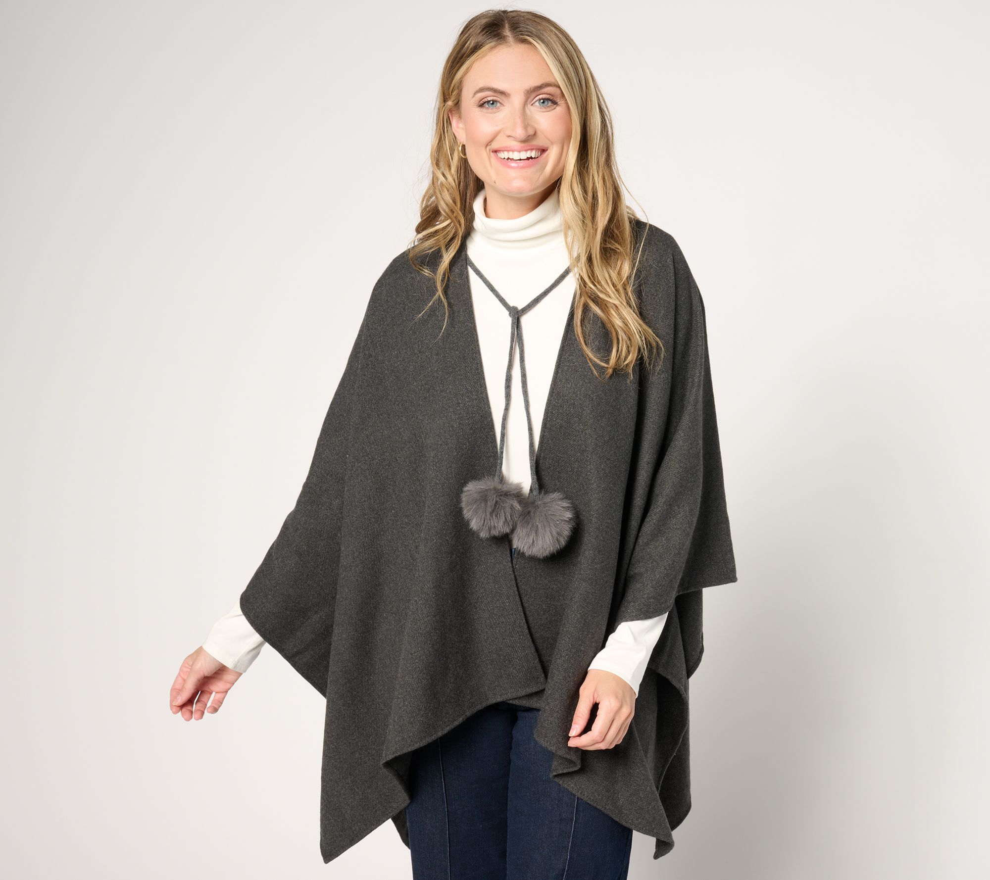 Jingle Belles by Kim Gravel Faux Fur Pom Pom Ruana