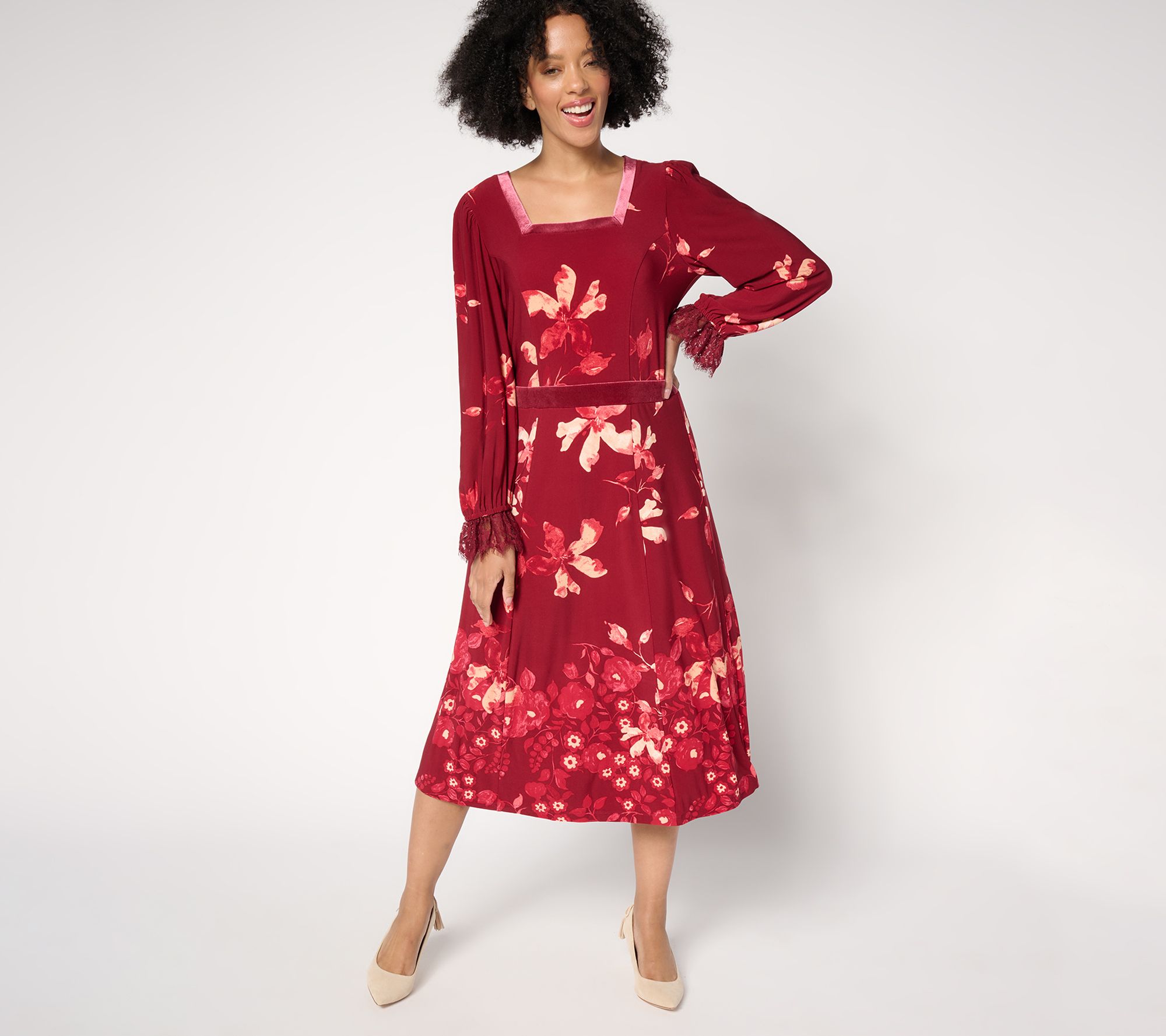 Susan Graver Reg Printed Liquid Knit Lace & Velvet Trim Midi Dress