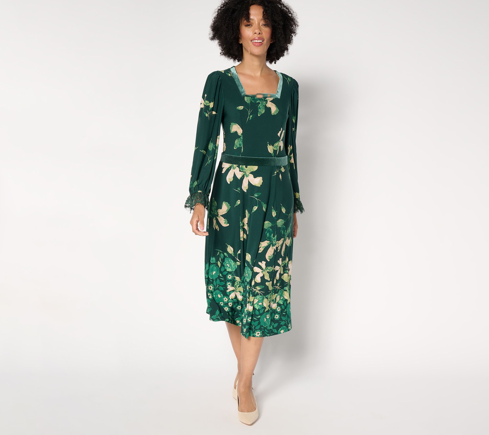 Susan Graver Reg Printed Liquid Knit Lace & Velvet Trim Midi Dress