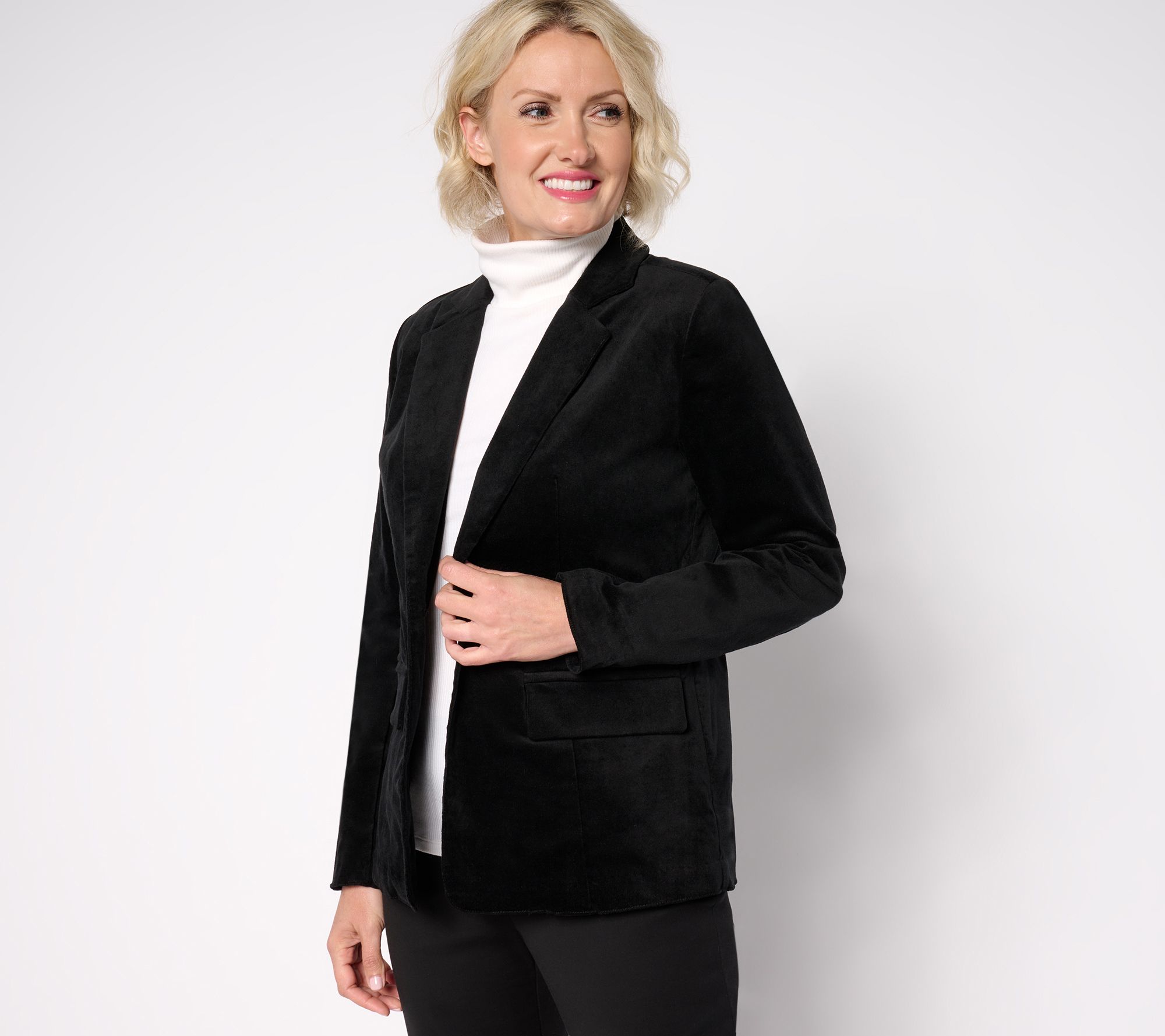Denim & Co. Petite Stretch Velvet One Button Blazer