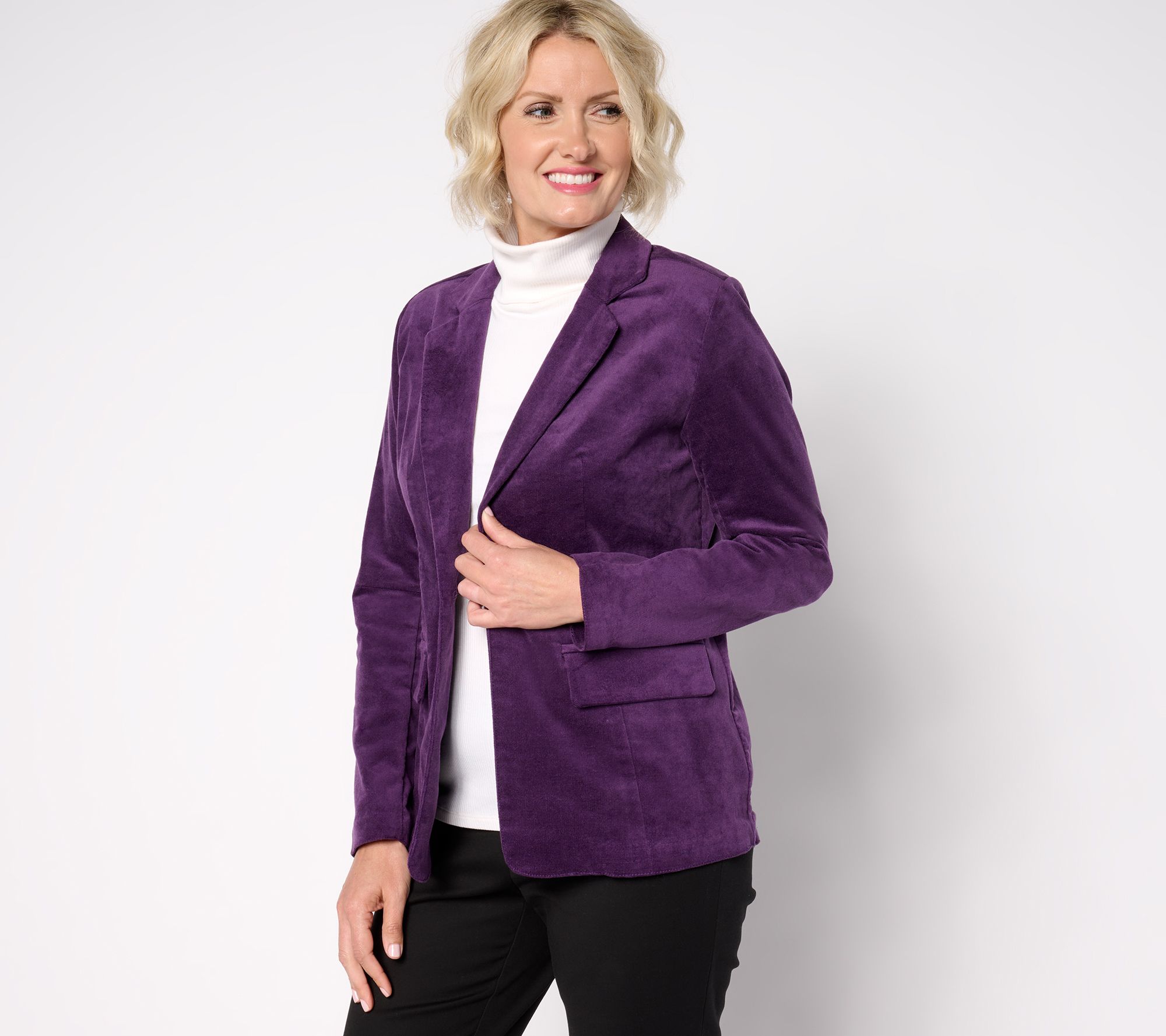 Denim & Co. Petite Stretch Velvet One Button Blazer
