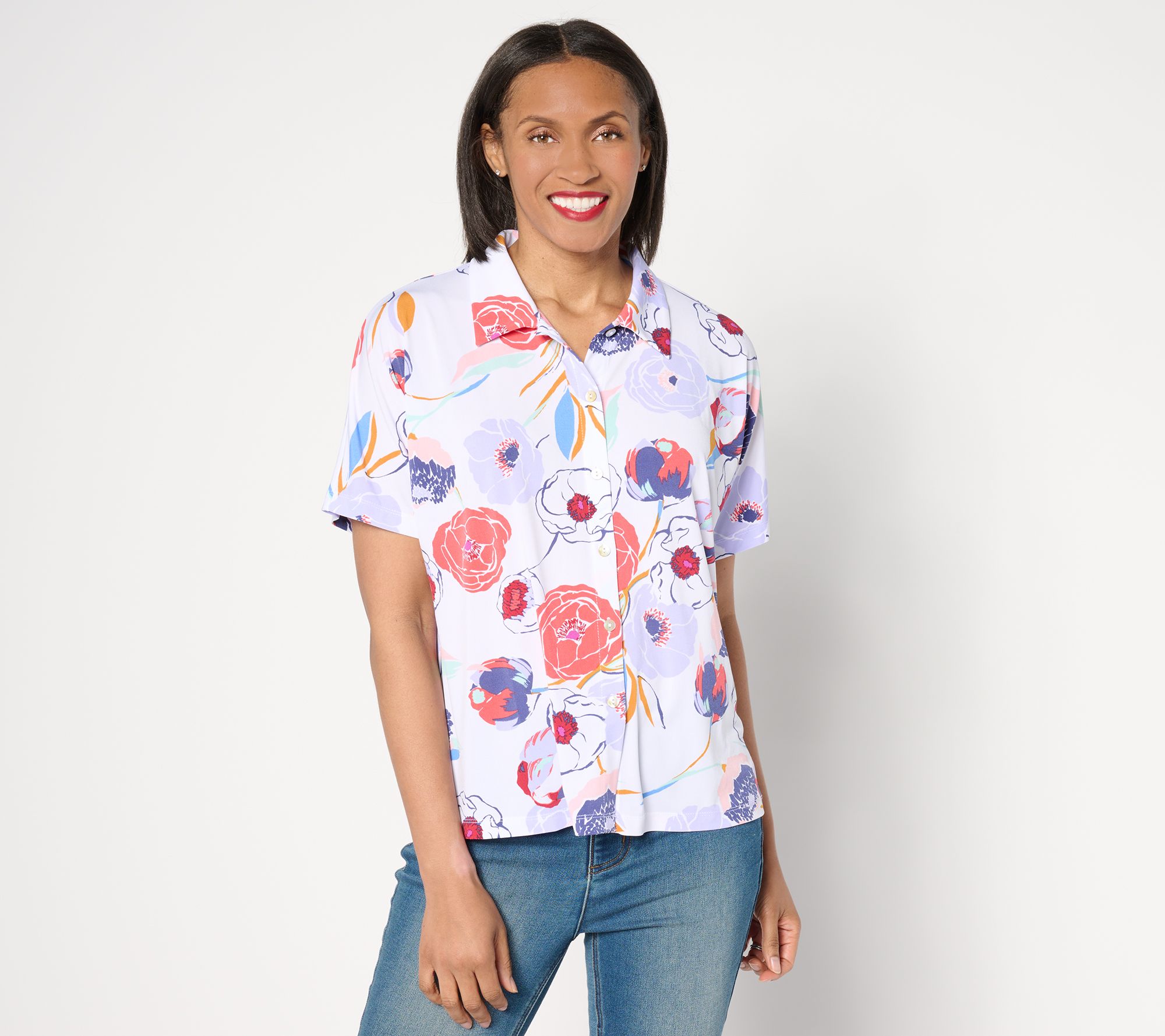 "As Is" Susan Graver Printed Liquid Knit Dolman Sleeve Camp Shirt