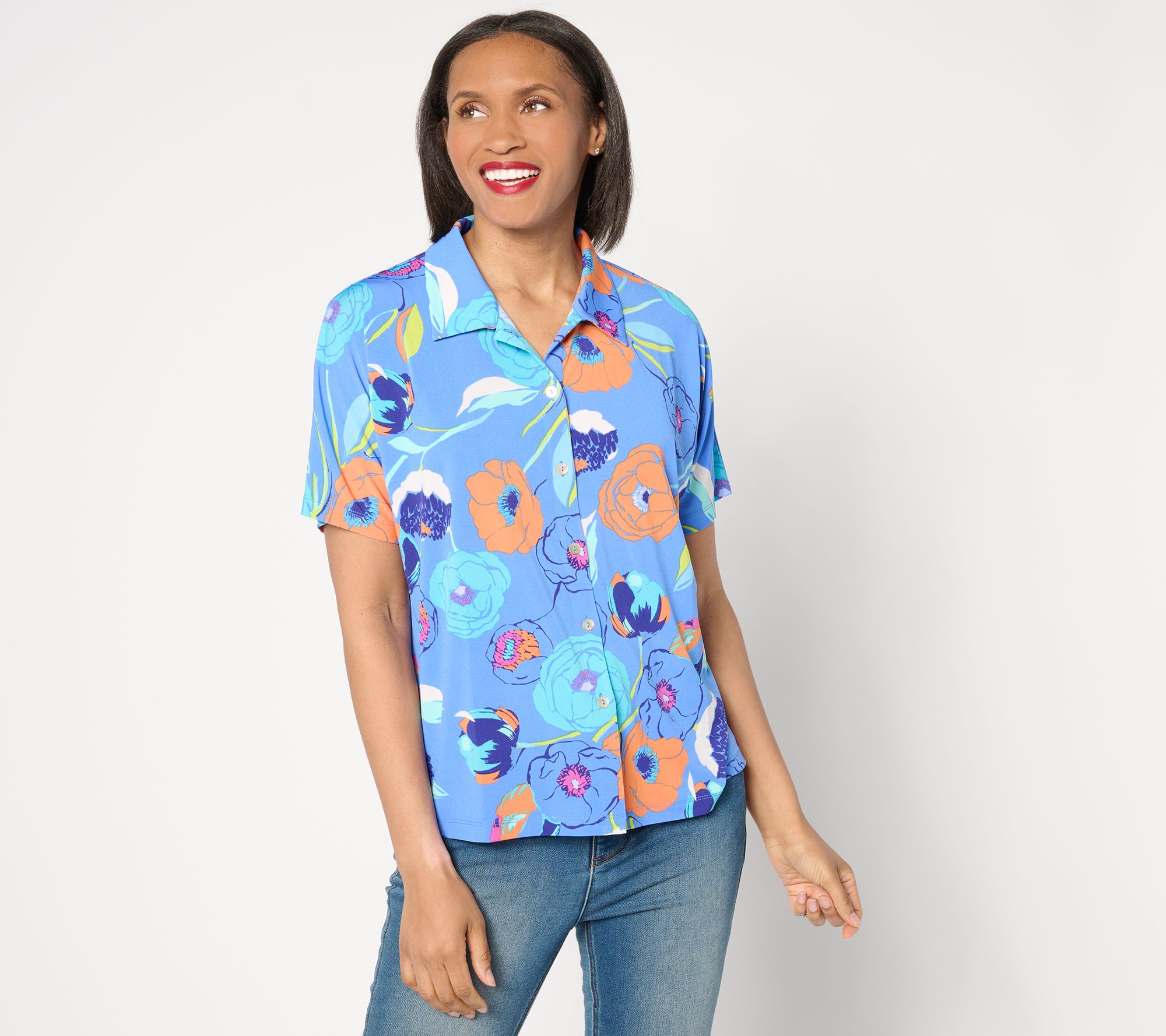 "As Is" Susan Graver Printed Liquid Knit Dolman Sleeve Camp Shirt