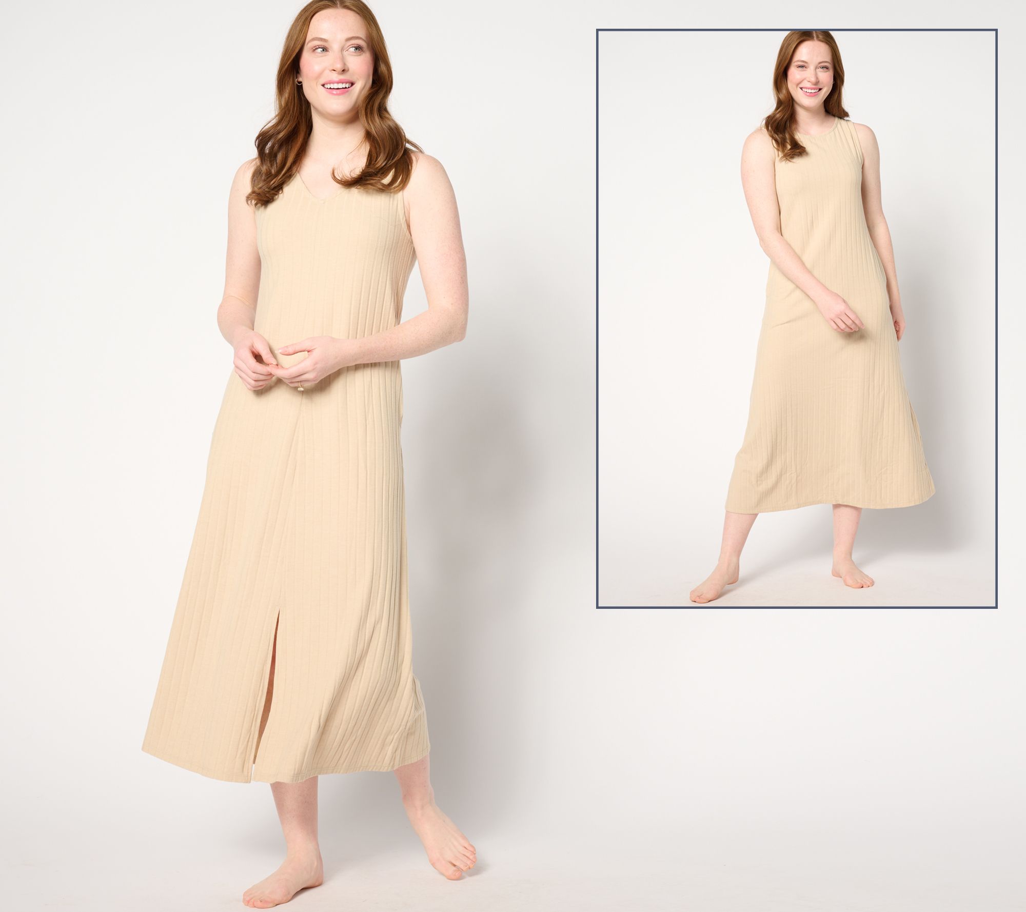 "As Is" Cuddl Duds Wide Rib 2-Way Round to V-Neck Tank Maxi Dress
