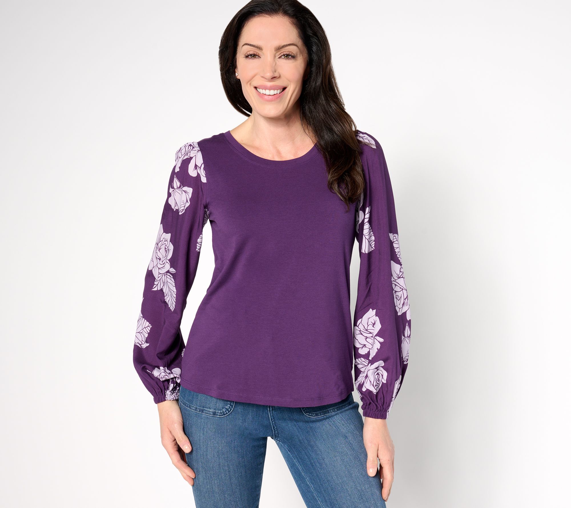 AnyBody Cozy Knit Mixed Media Printed Blouse