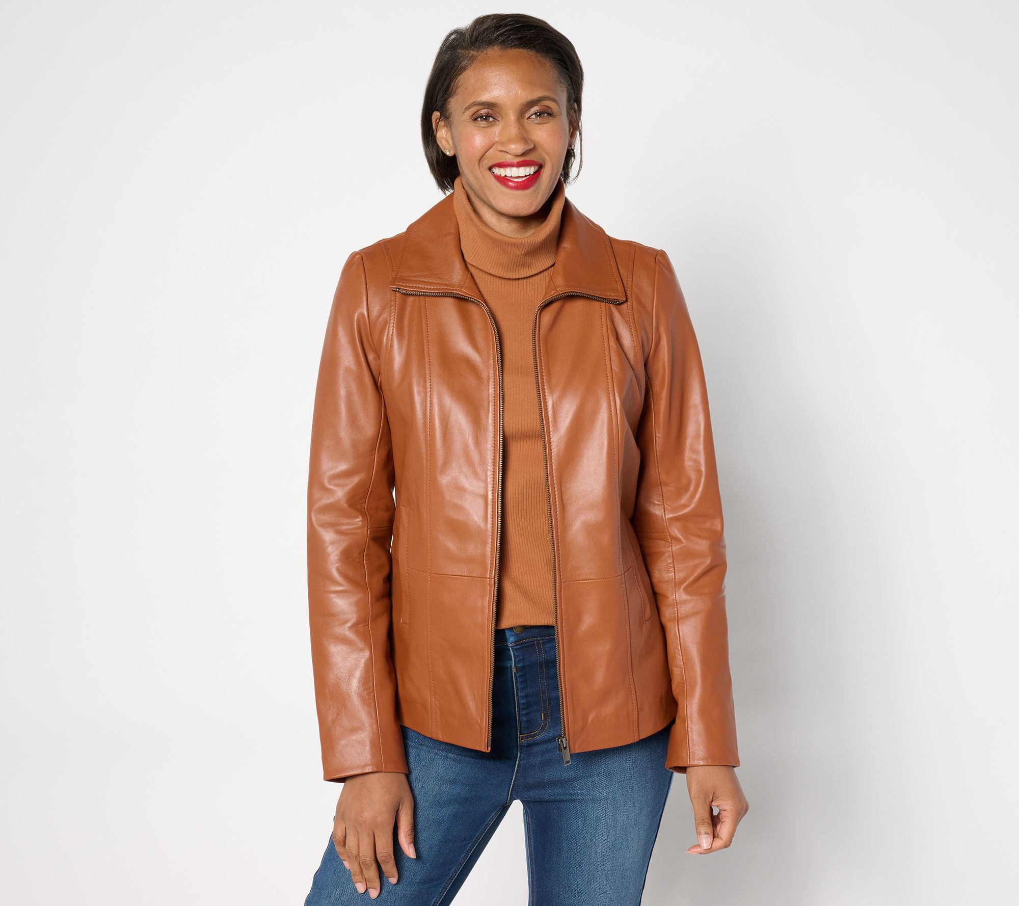 "As Is" Denim & Co. Lamb Leather Zip Front Seamed Jacket w/ Pkts