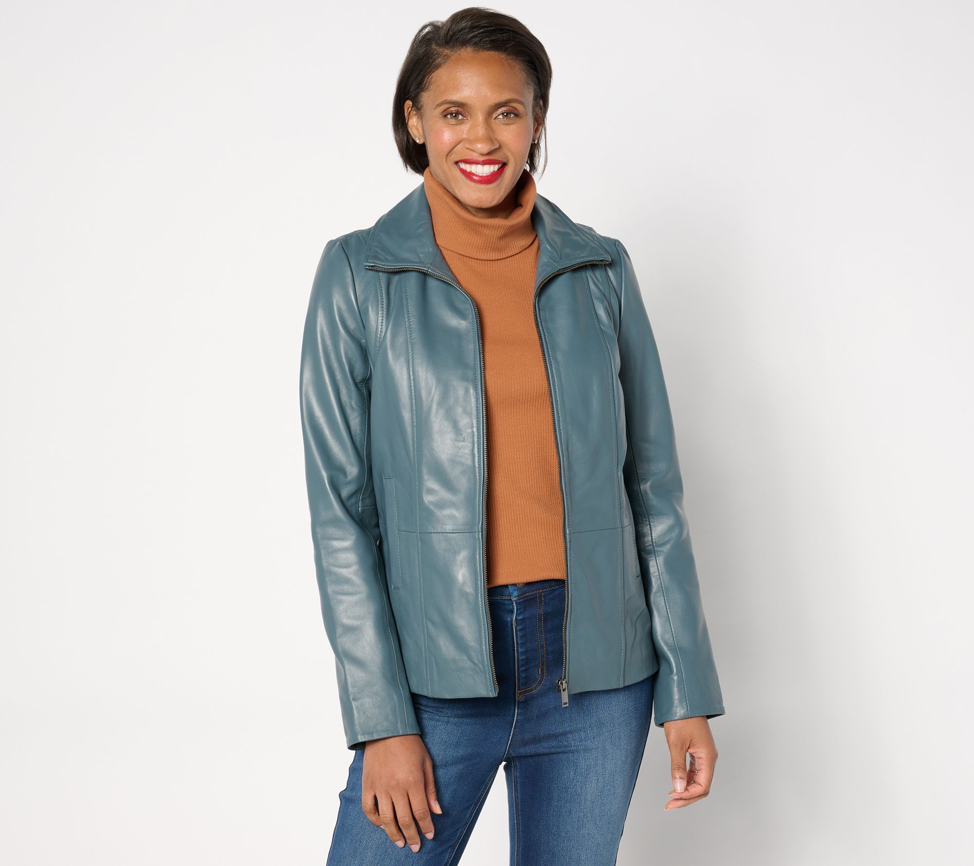 "As Is" Denim & Co. Lamb Leather Zip Front Seamed Jacket w/ Pkts