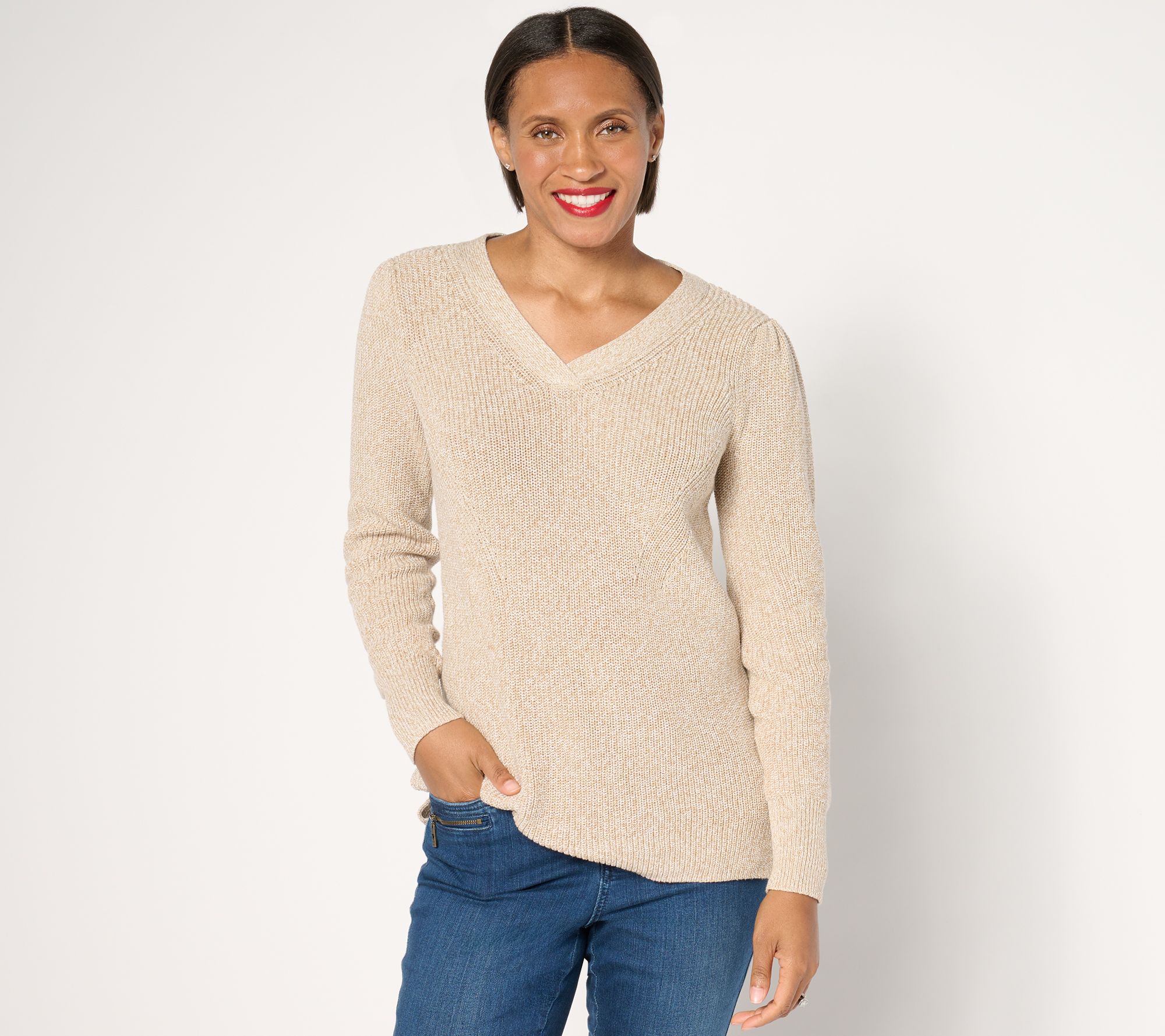 "As Is" Belle by Kim Gravel Marled Puff Shoulder V-Neck Sweater