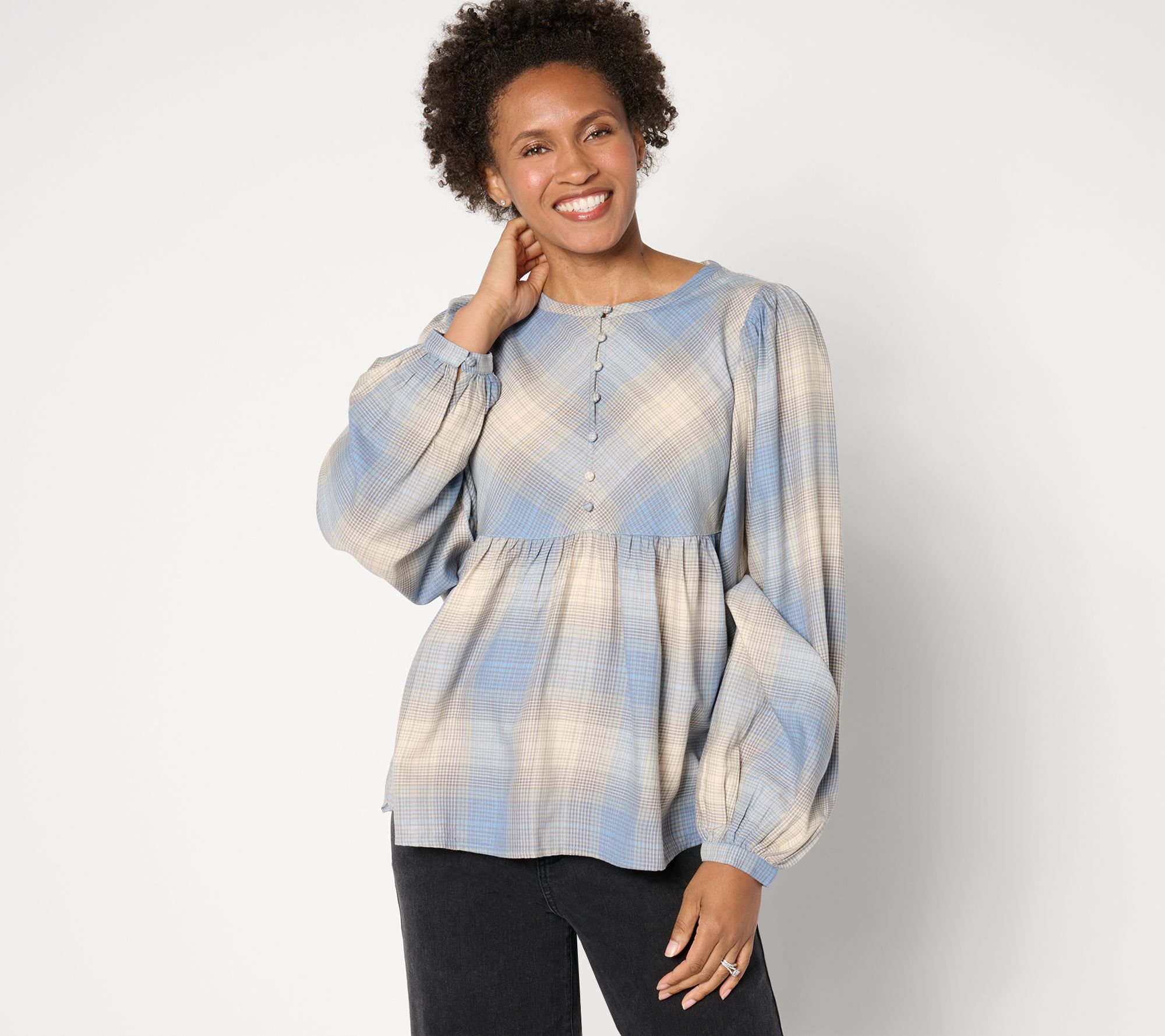 "As Is" Me by Jennie Garth Ynez Drapey Flannel Blouse with Curve Yoke