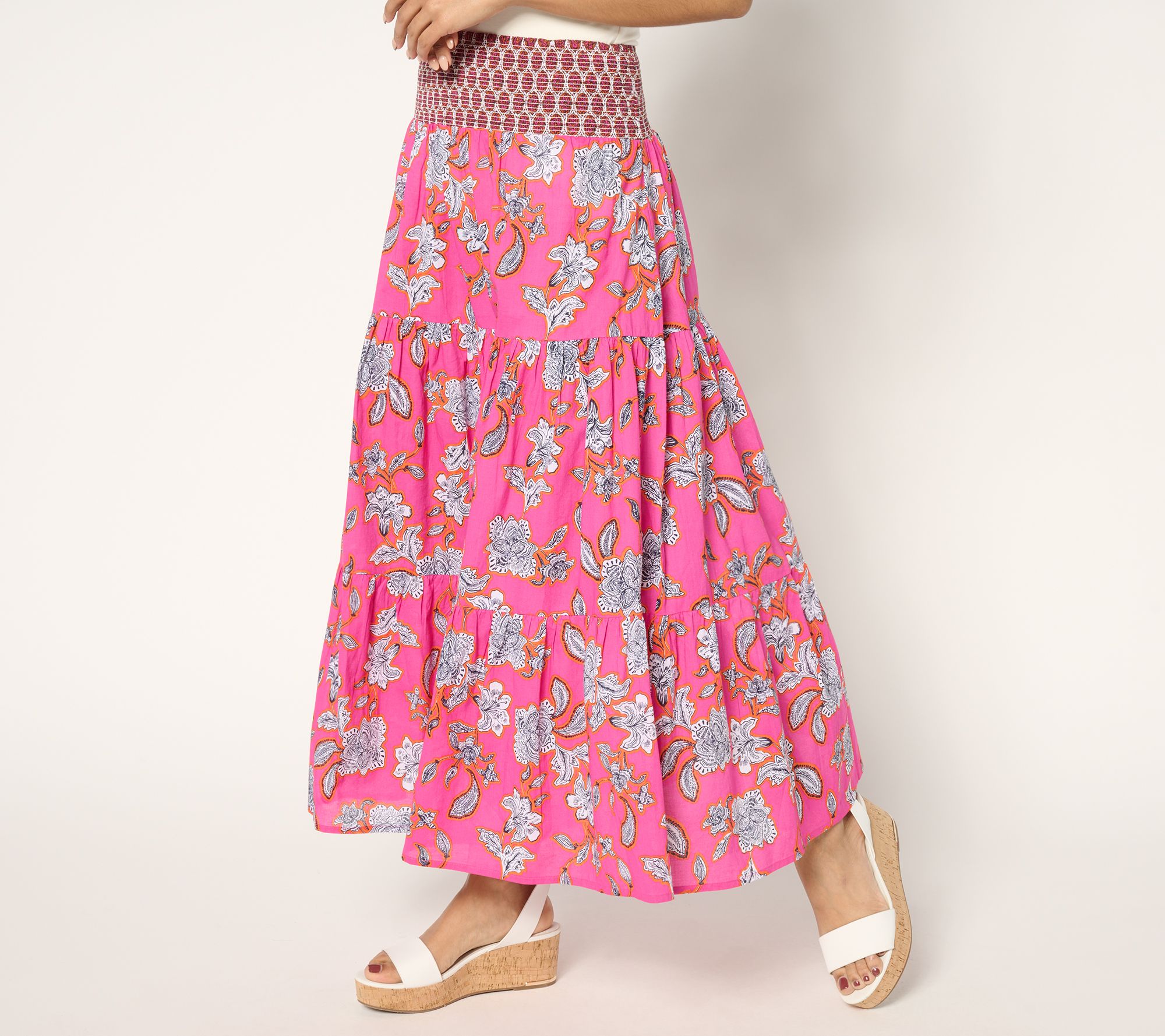 Susan Graver PURE Petite Printed Cotton Smocked Waist Maxi Skirt