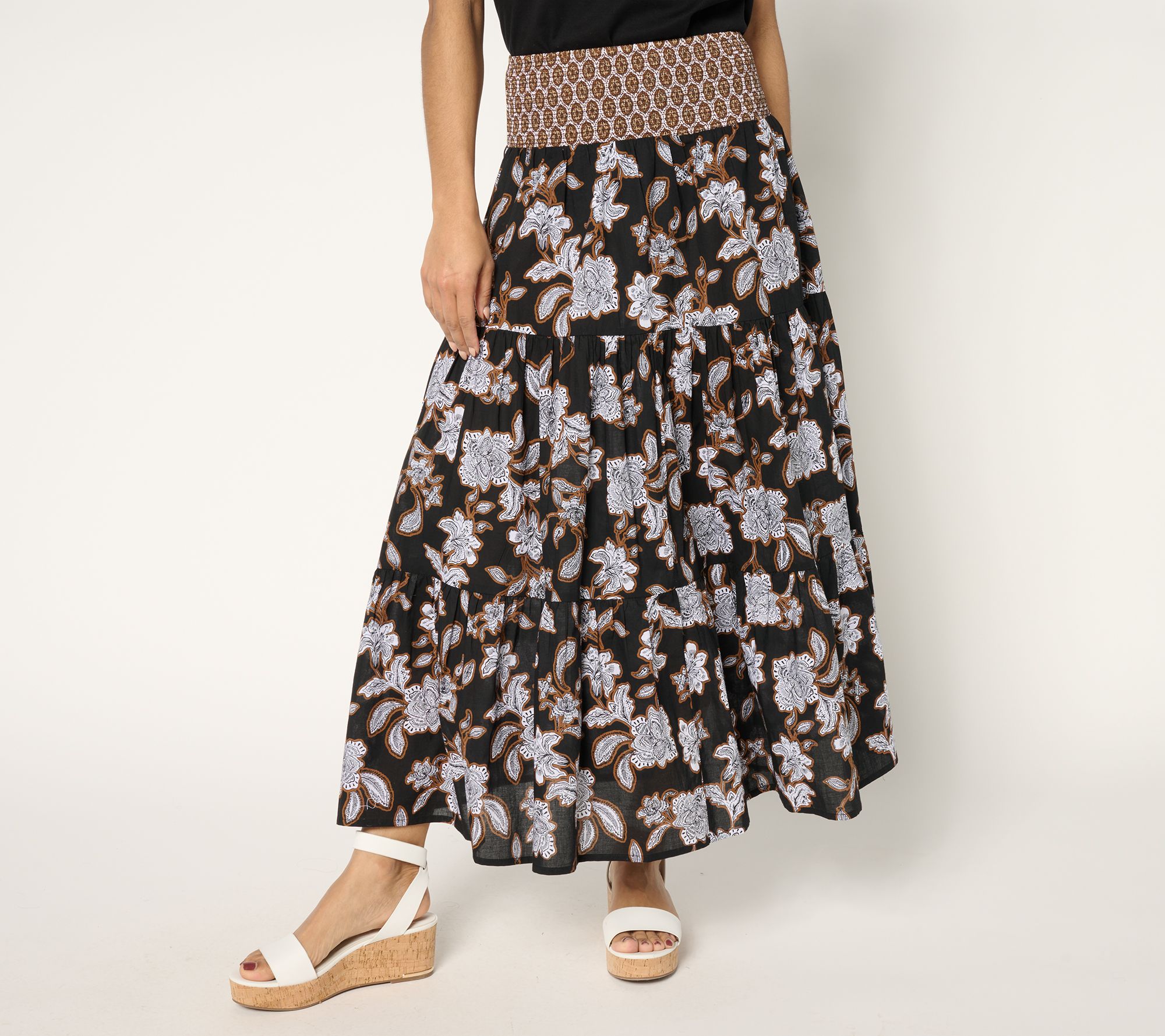 Susan Graver PURE Petite Printed Cotton Smocked Waist Maxi Skirt