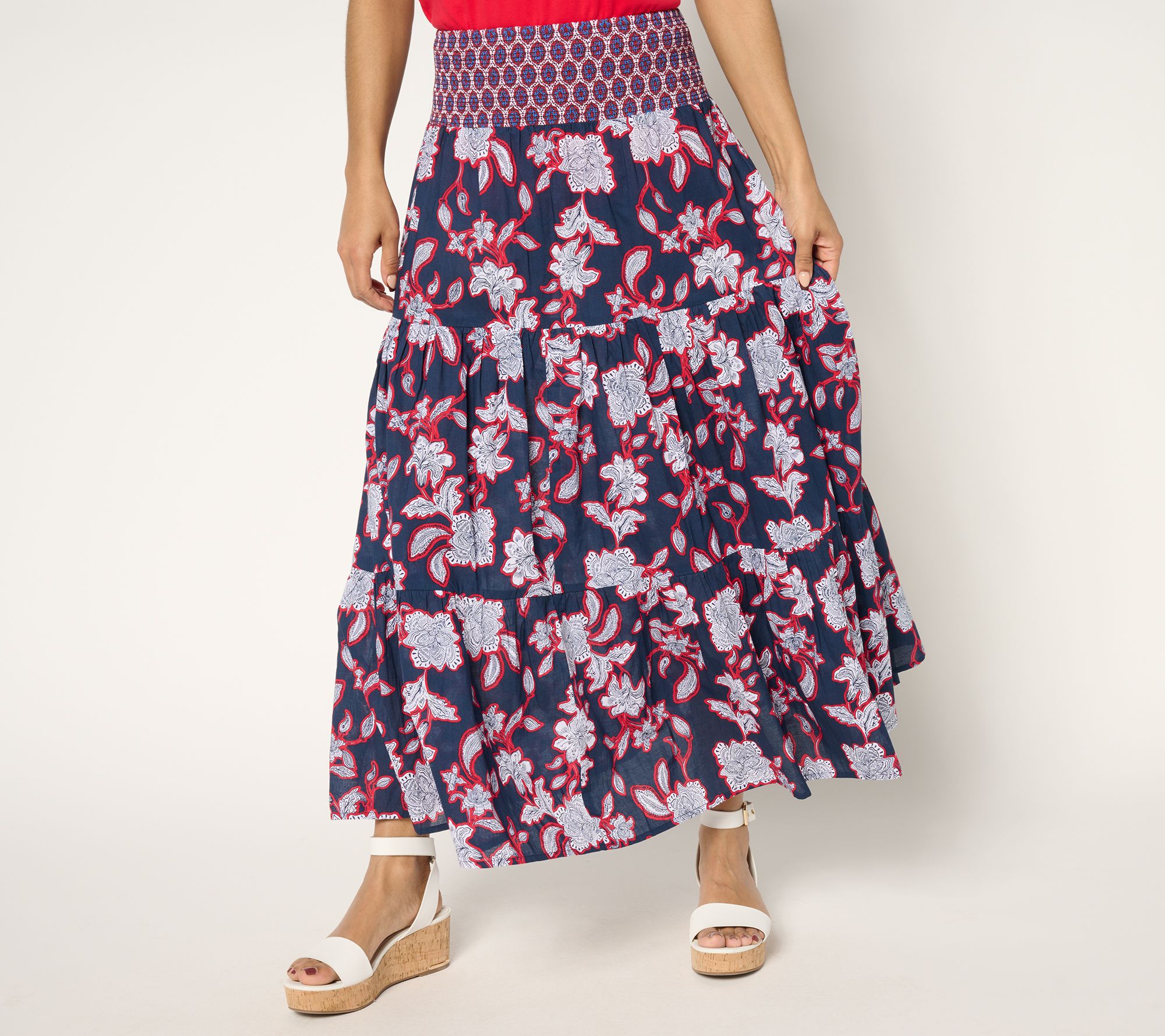 Susan Graver PURE Petite Printed Cotton Smocked Waist Maxi Skirt