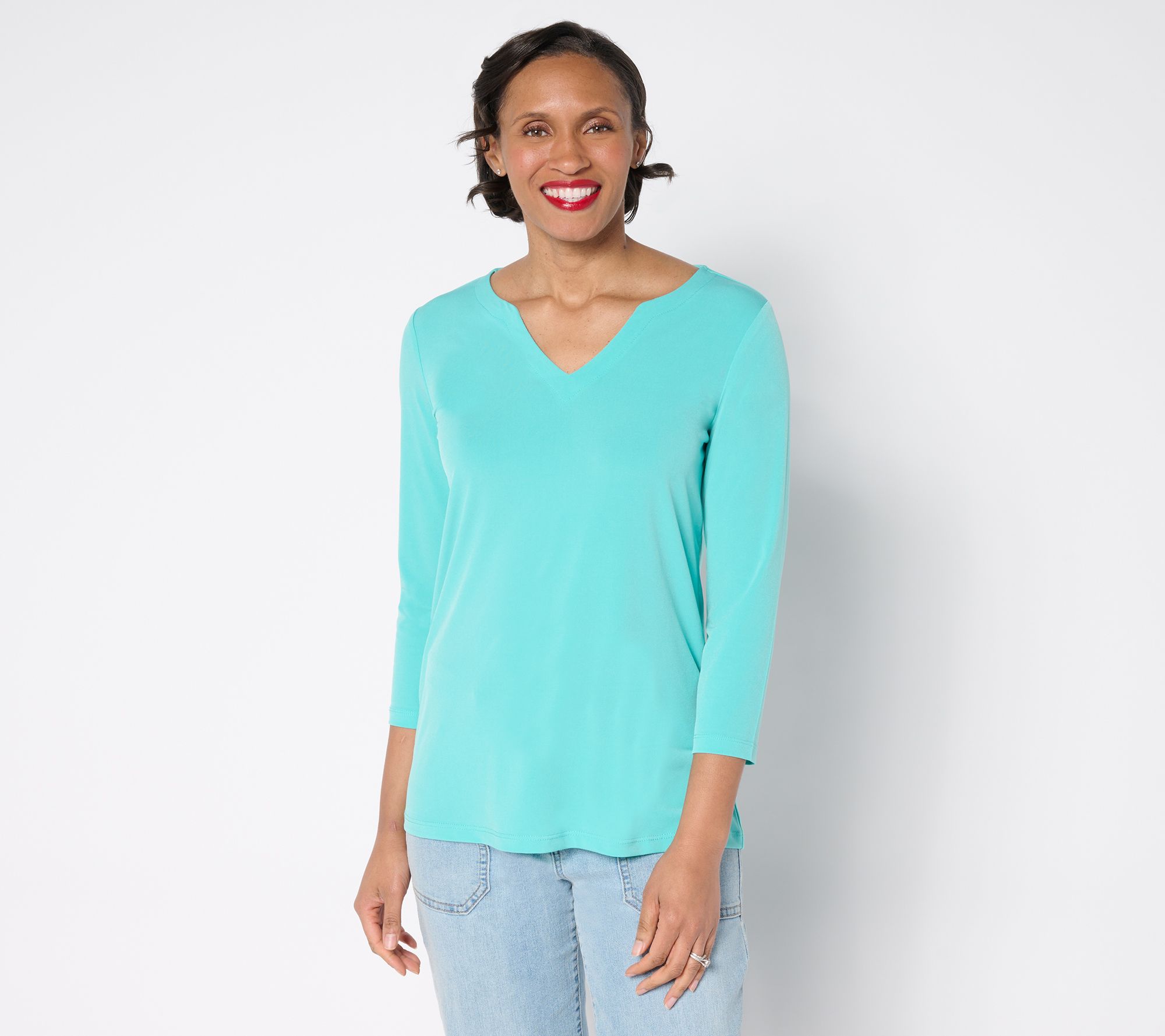 Susan Graver Petite Modern Essentials Liquid Knit Split Neck Top
