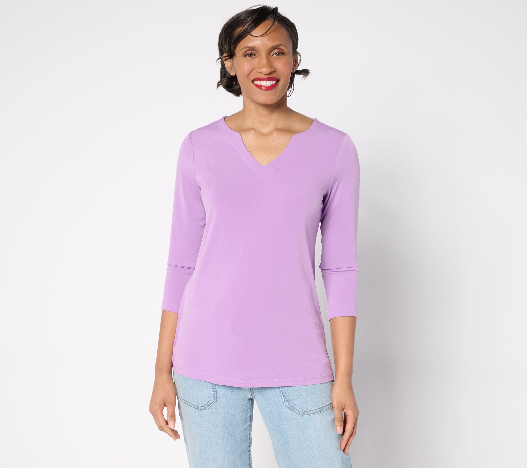 Susan Graver Petite Modern Essentials Liquid Knit Split Neck Top