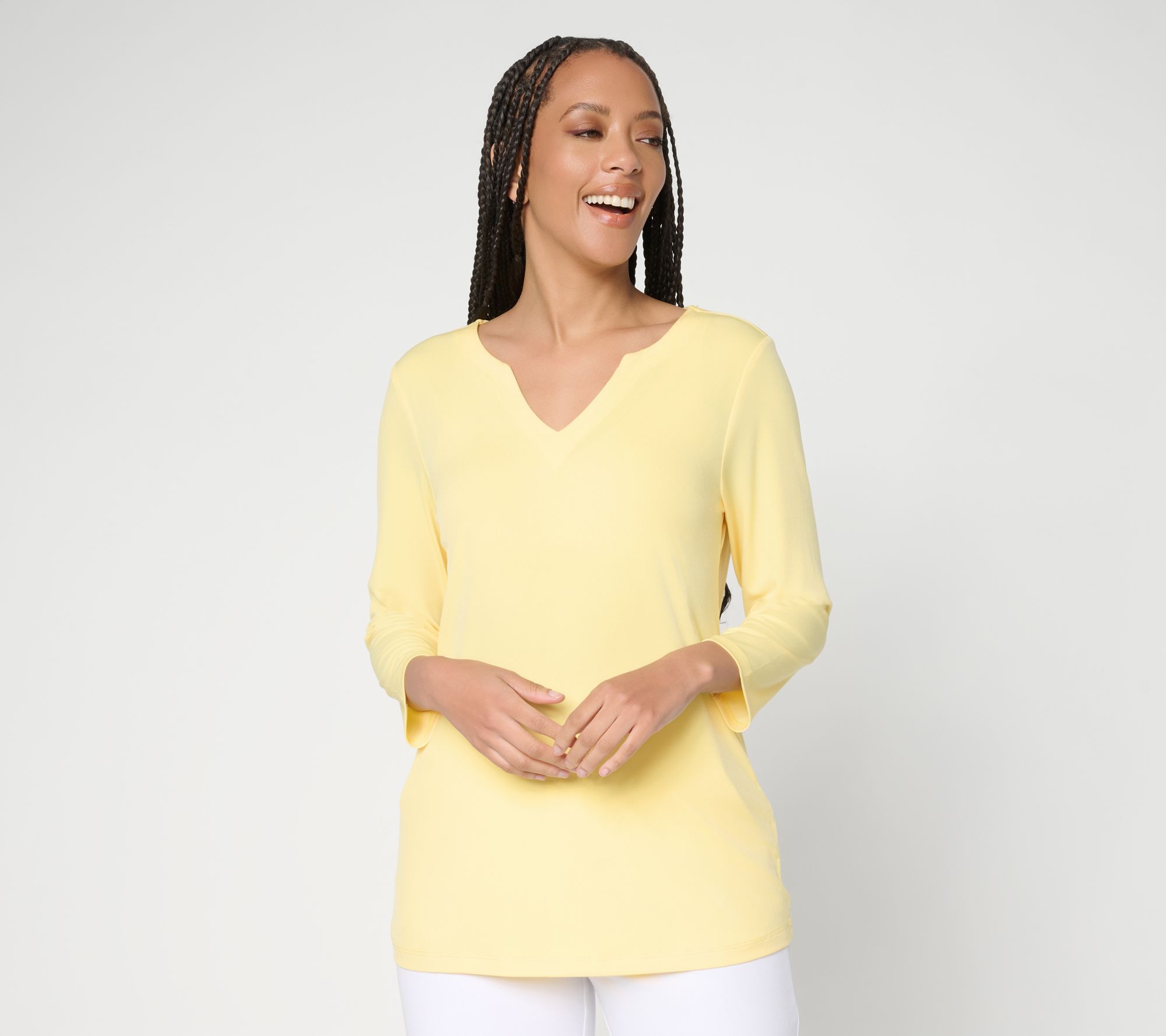 Susan Graver Petite Modern Essentials Liquid Knit Split Neck Top