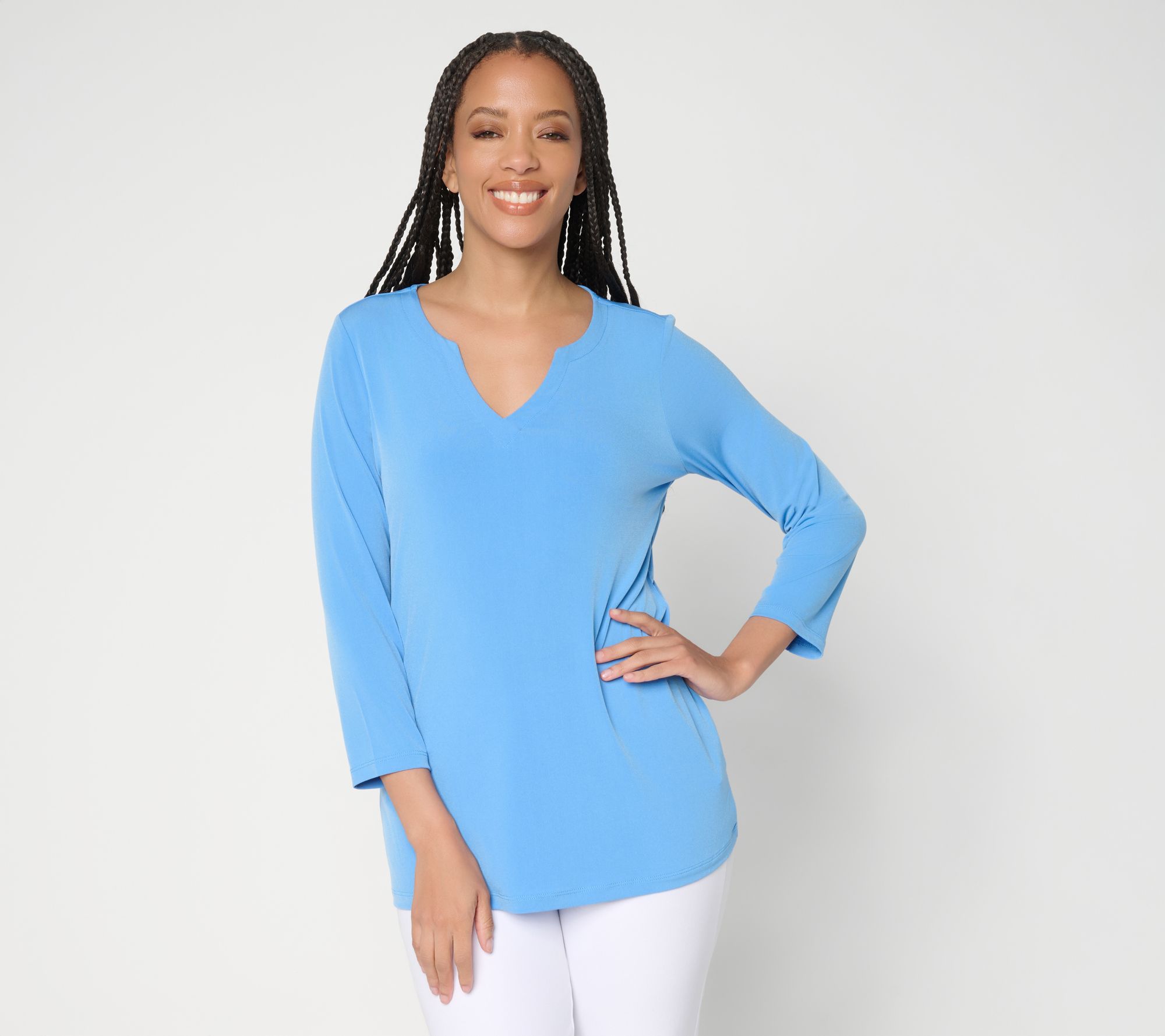 Susan Graver Petite Modern Essentials Liquid Knit Split Neck Top