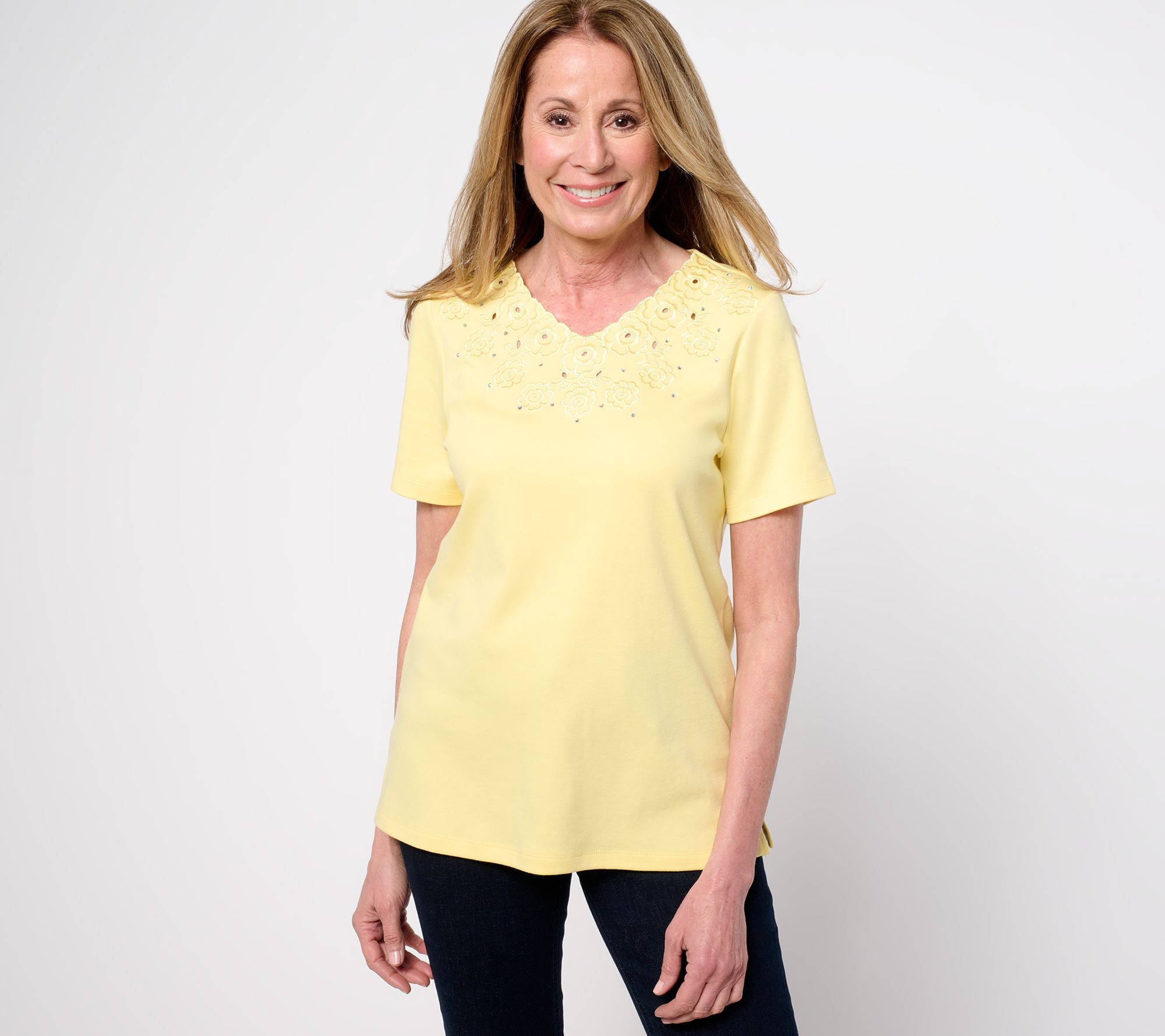 Quacker Factory Petunia Scallop Embellished V-Neck Top