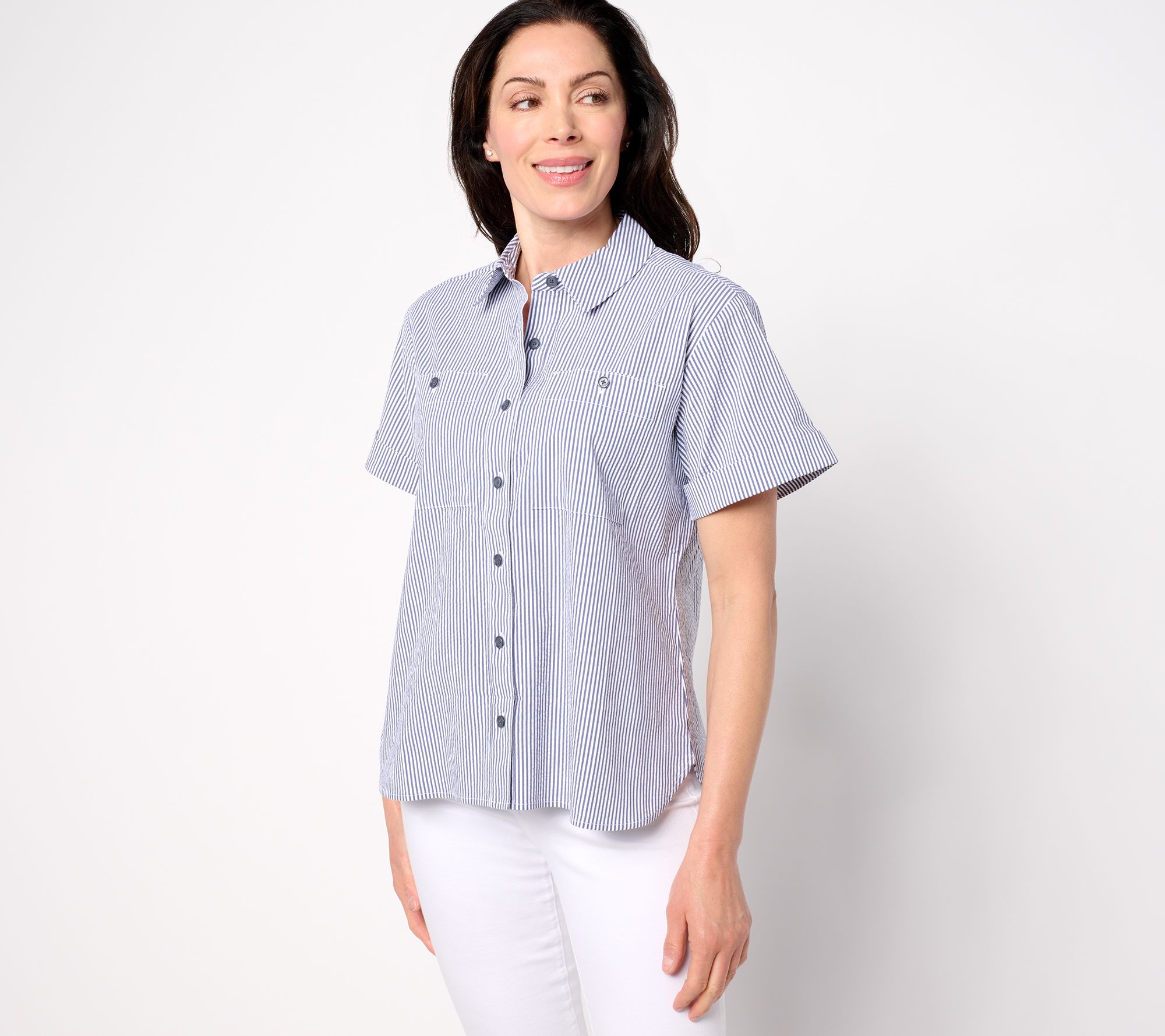 Joan Rivers Striped Seersucker Short Sleeve Button Front