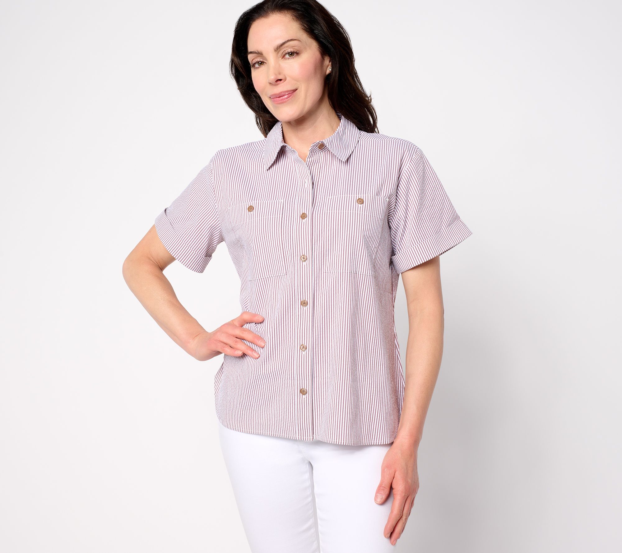 Joan Rivers Striped Seersucker Short Sleeve Button Front