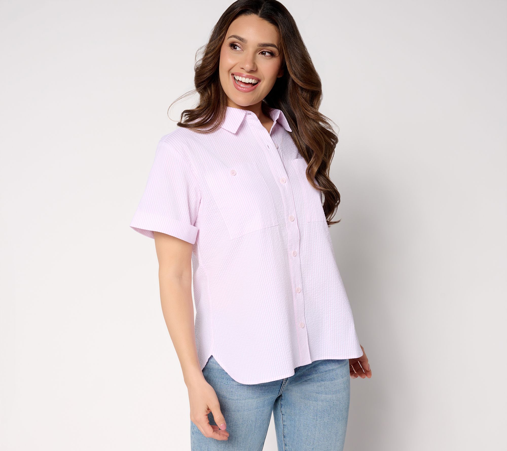 Joan Rivers Striped Seersucker Short Sleeve Button Front