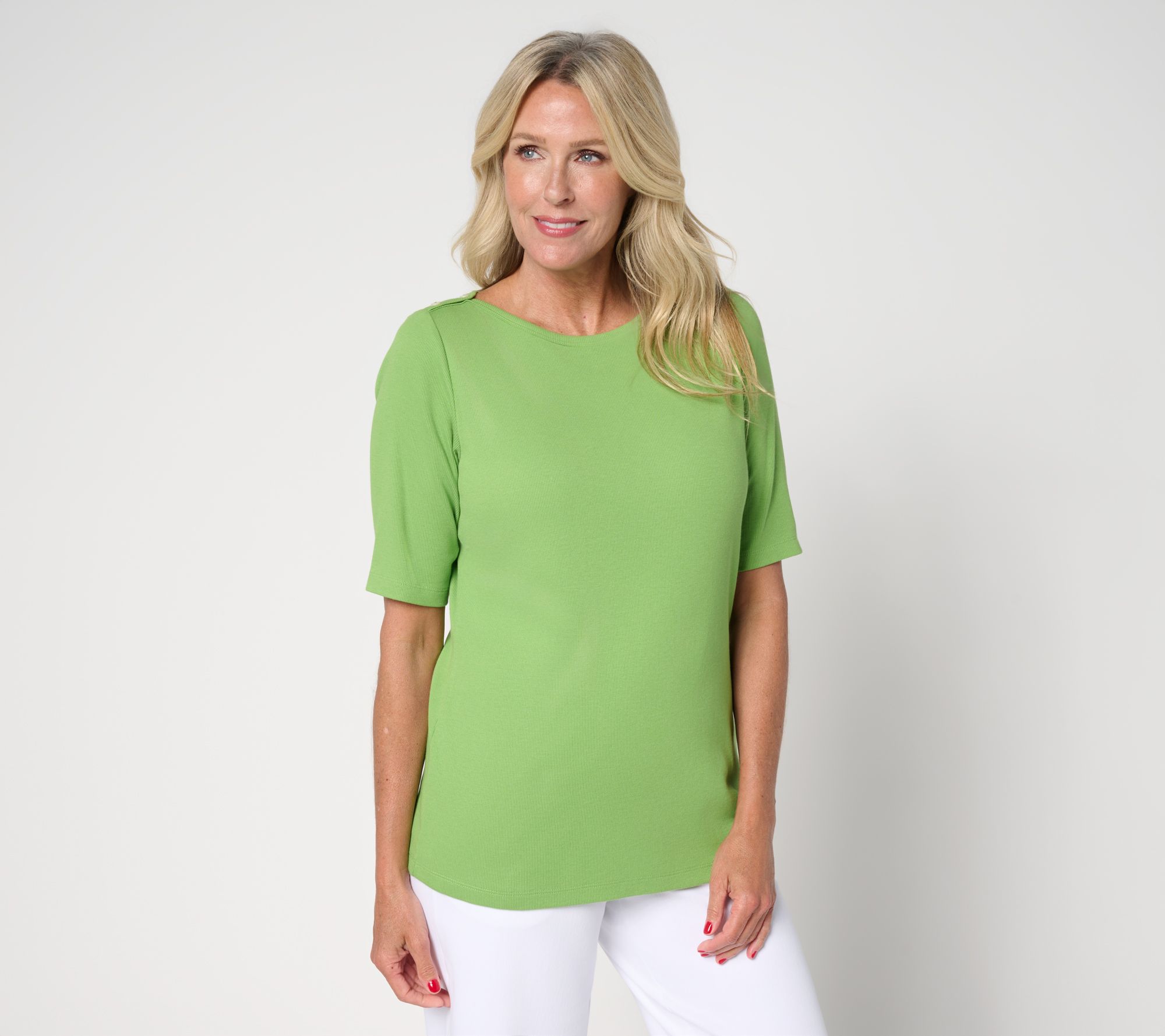 Denim & Co. Essentials Modal Rib Elbow Sleeve Boat Neck Top