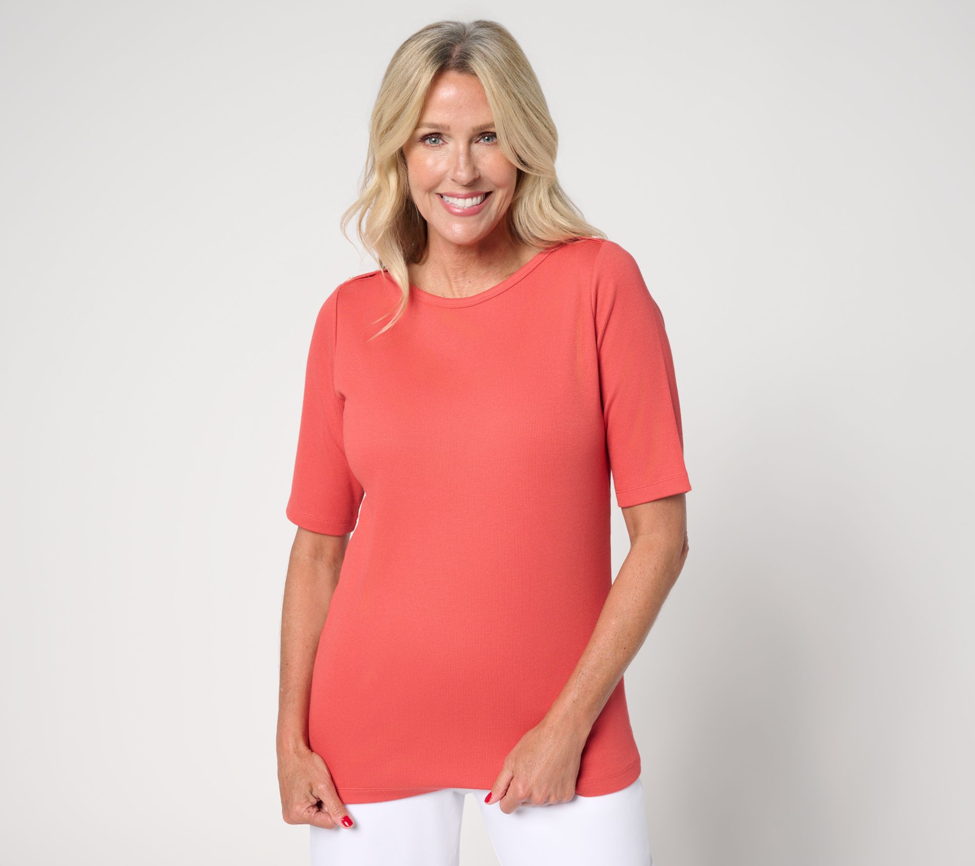 Denim & Co. Essentials Modal Rib Elbow Sleeve Boat Neck Top